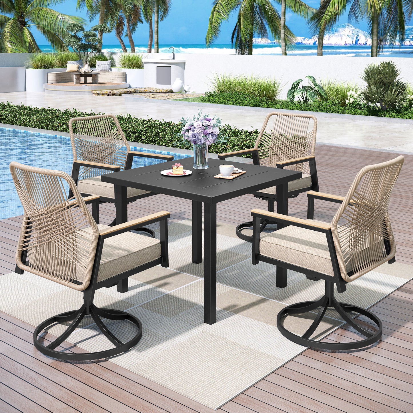 Captiva Designs 5pc Outdoor Furniture Set with Patio Square Dining Table with Umbrella Hole & Arm Chairs
