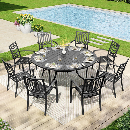 Captiva Designs 9Pc Outdoor Furniture Set with Patio Round Dining Table with Umbrella Hole & Armrest Chairs