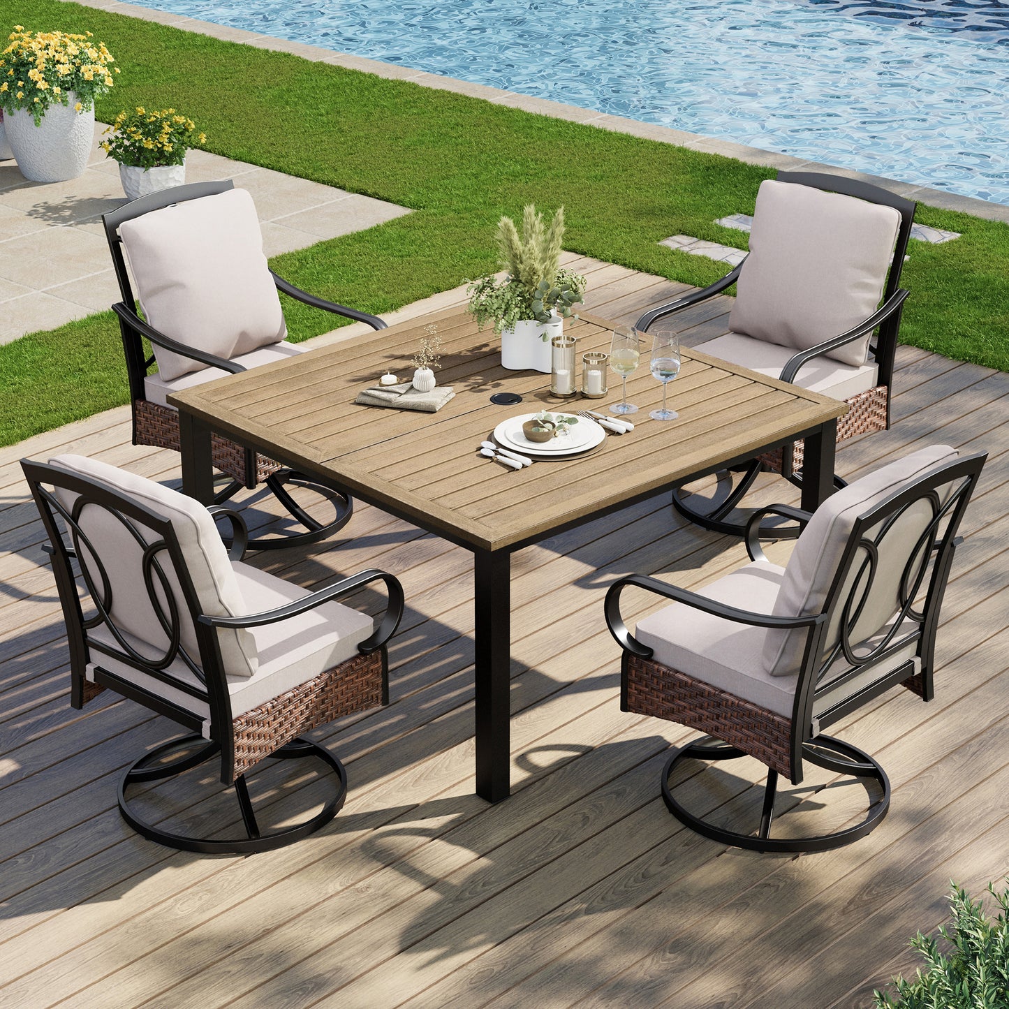 Captiva Designs 5pc Outdoor Patio Metal Dining Table & Rattan Chairs with Removable Cushions