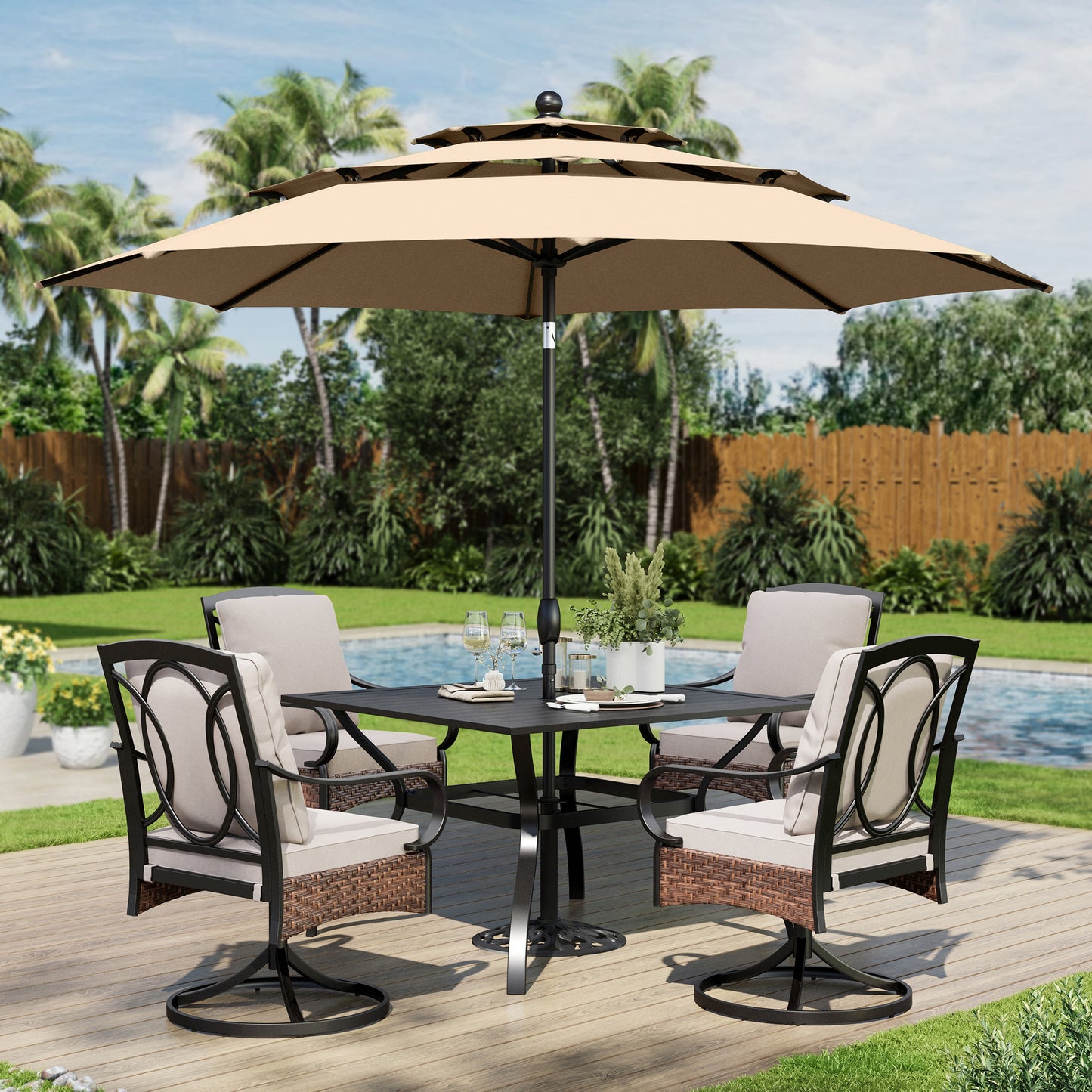 Captiva Designs 6pc Patio Slat-top Steel Table & Swivel Chairs with Thick Cushions & Beige 10ft Umbrella