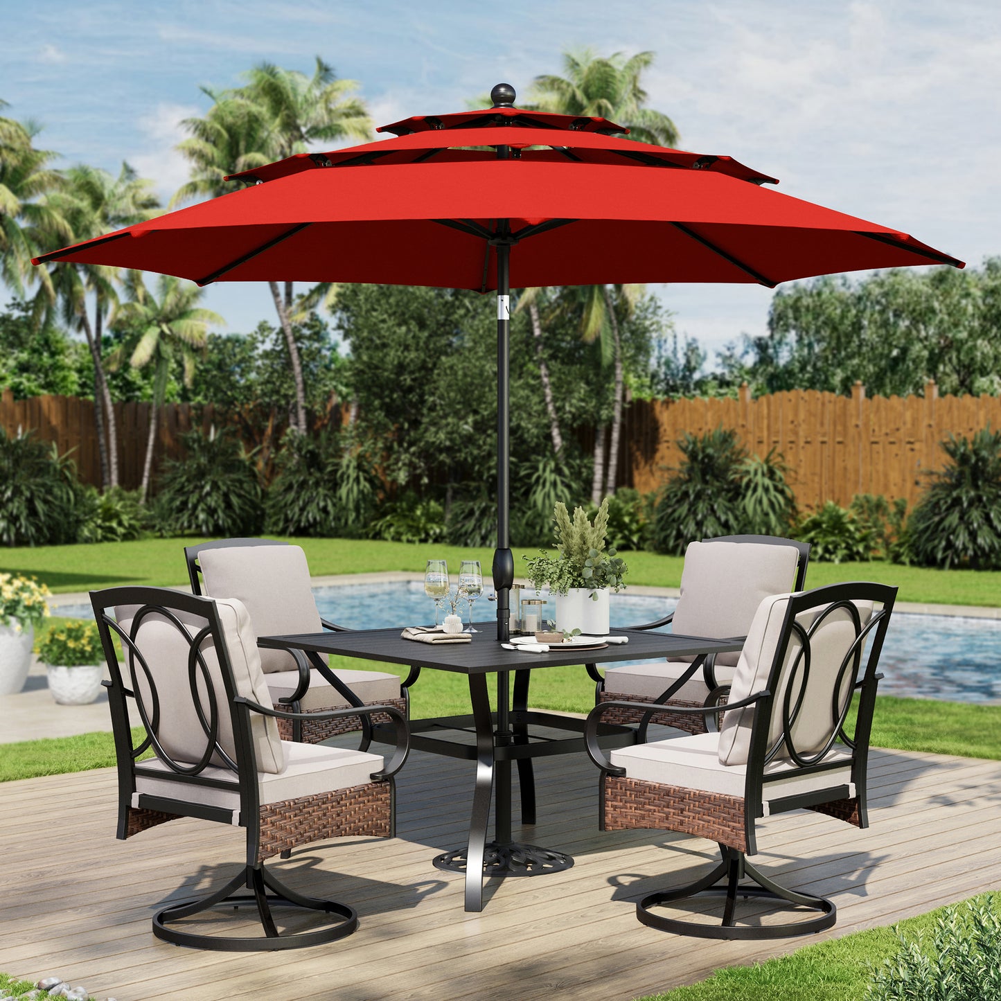 Captiva Designs 6pc Patio Slat-top Steel Table & Swivel Chairs with Thick Cushions & Beige 10ft Umbrella