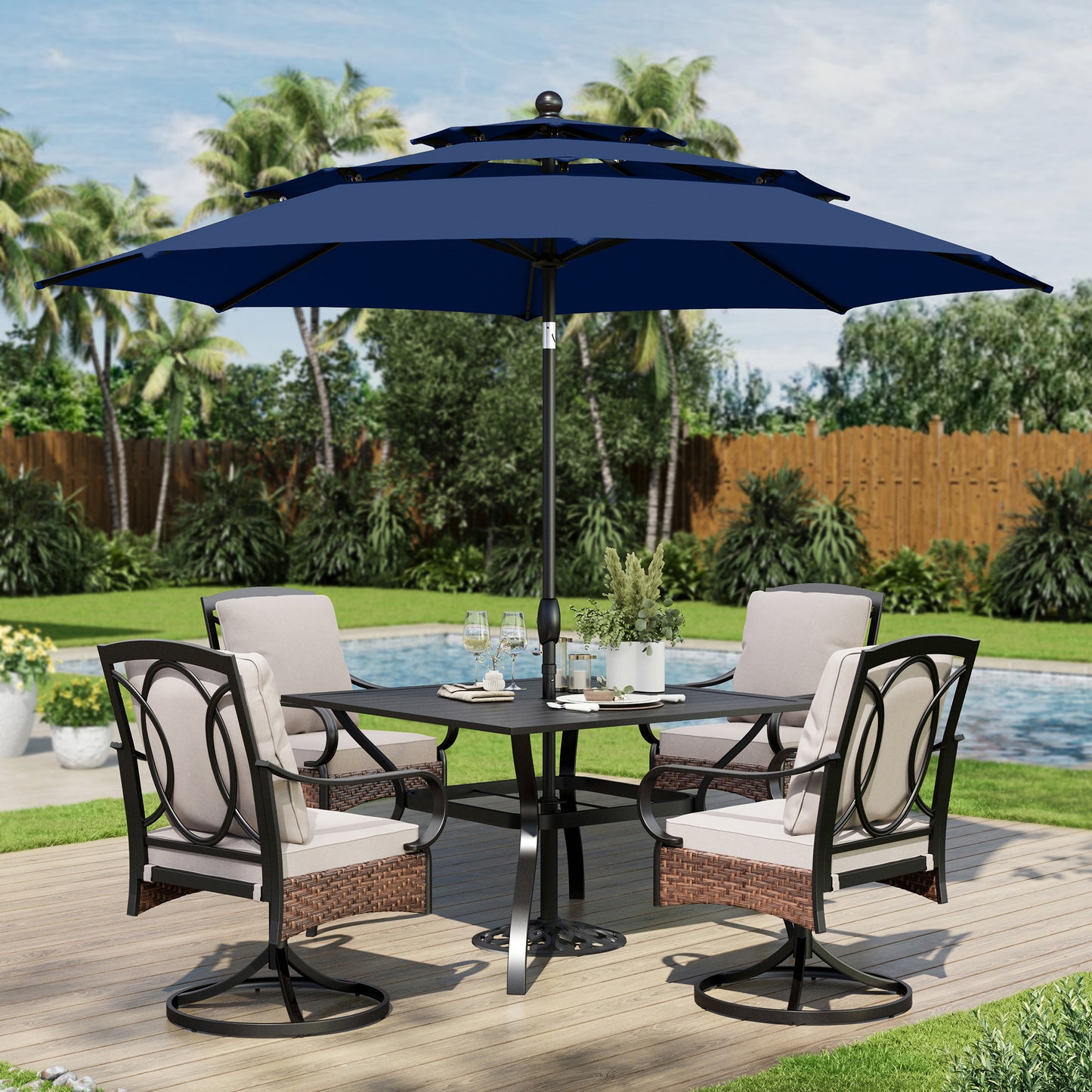 Captiva Designs 6pc Patio Slat-top Steel Table & Swivel Chairs with Thick Cushions & Beige 10ft Umbrella