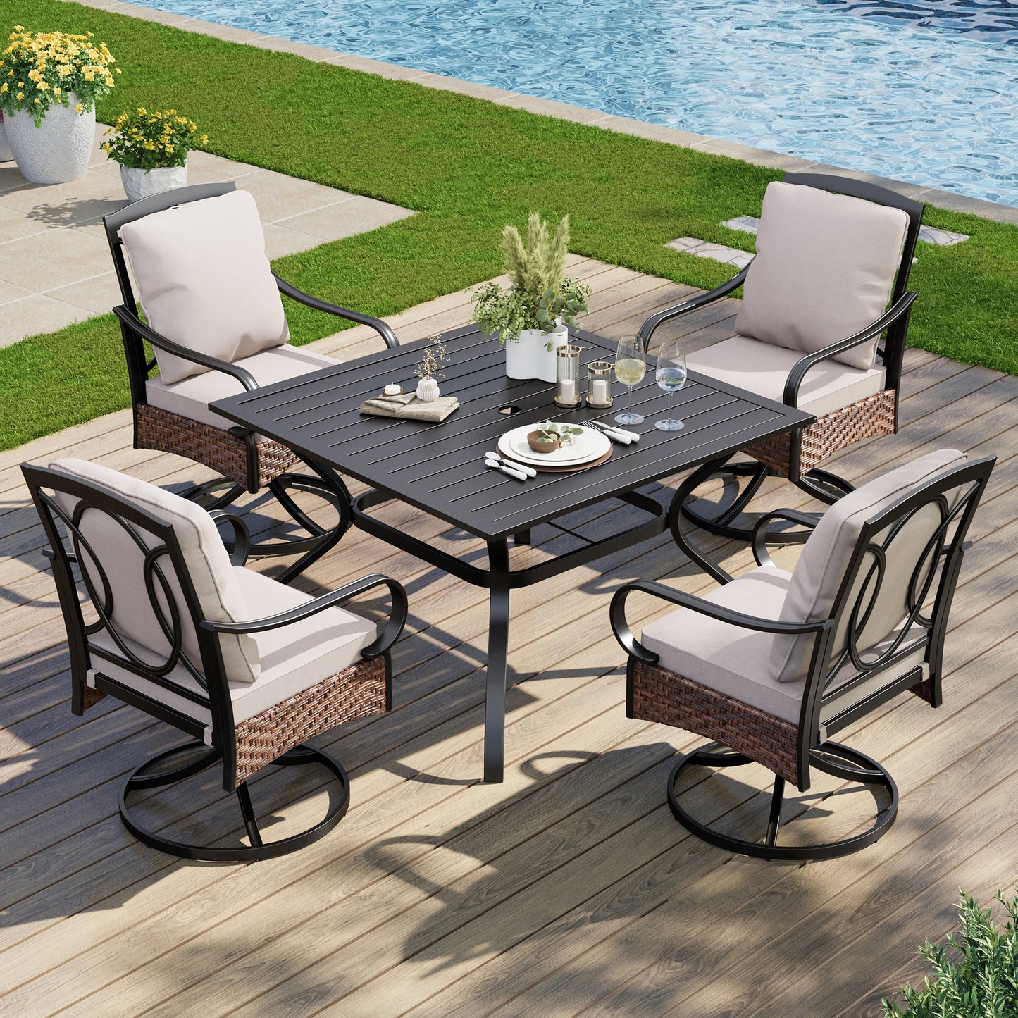 Captiva Designs 5pc Outdoor Patio Metal Dining Table & Rattan Chairs with Removable Cushions