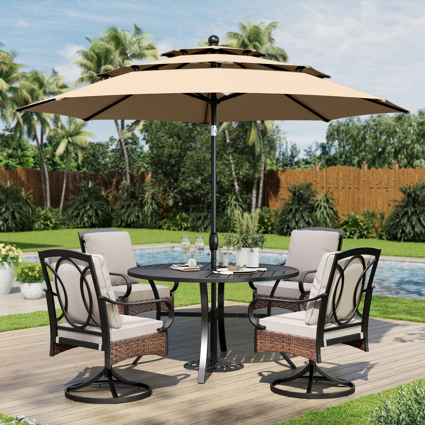 Captiva Designs 6pc Patio Slat-top Steel Table & Swivel Chairs with Thick Cushions & Beige 10ft Umbrella