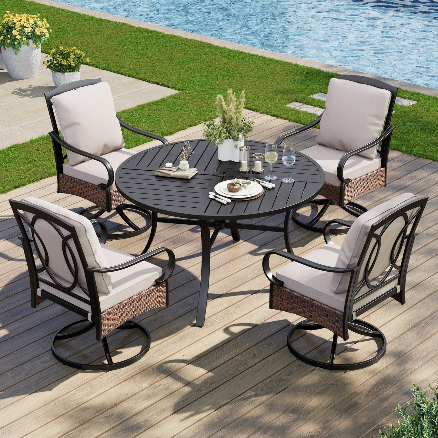 Captiva Designs 5pc Outdoor Patio Metal Dining Table & Rattan Chairs with Removable Cushions