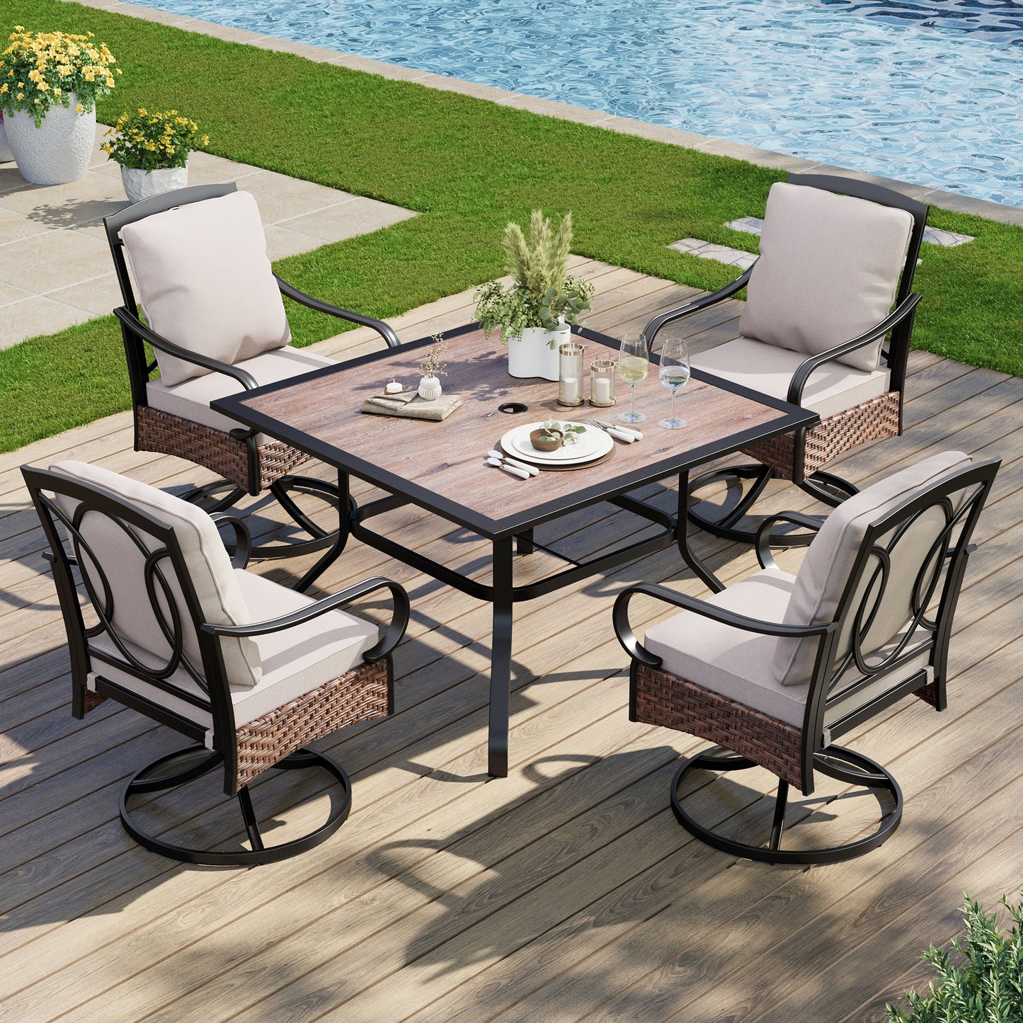 Captiva Designs 5pc Outdoor Patio Metal Dining Table & Rattan Chairs with Removable Cushions