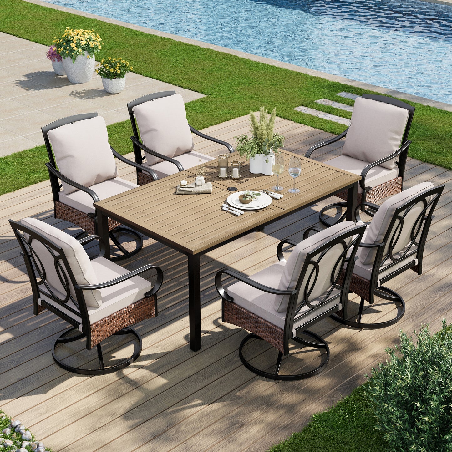 Captiva Designs 7 件套户外棕色木质长方形金属餐桌和藤条金属旋转扶手椅
