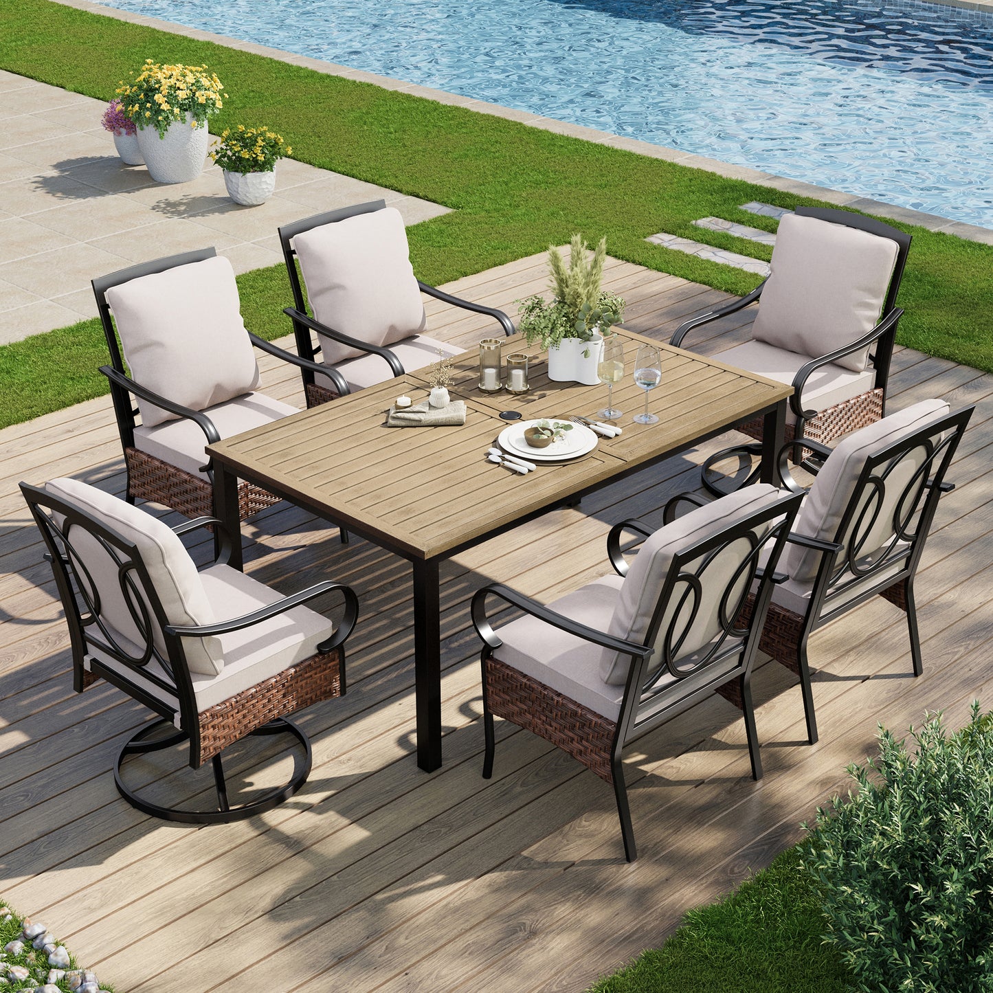 Captiva Designs 7 件套户外棕色木质长方形金属餐桌和藤条金属旋转扶手椅