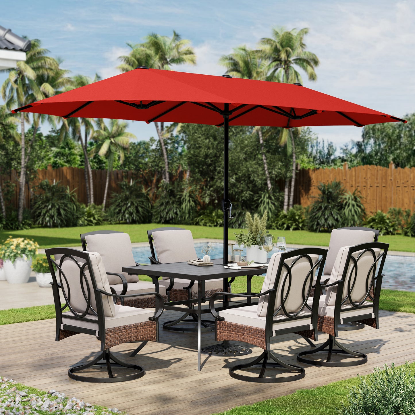 Captiva Designs 8pc Patio Rectangle Steel Dining Table & Rattan Chairs & Market Umbrella