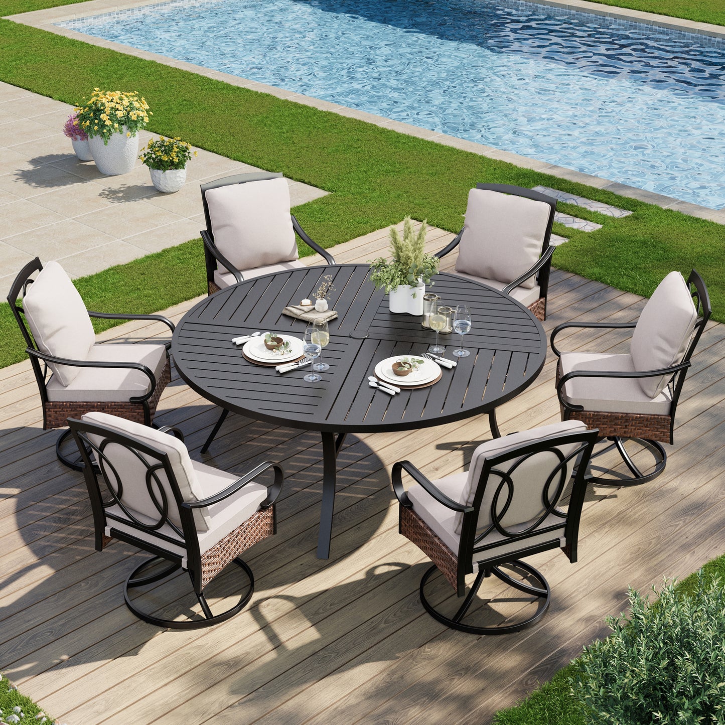 Captiva Designs 7pc Patio Dining Set with Slat-top Steel Table & Rattan Metal Chairs with Removable Cushions