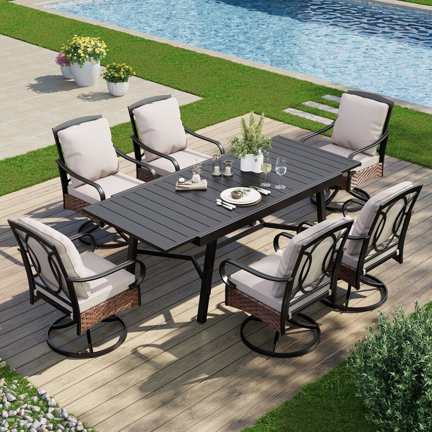 Captiva Designs 7pc Patio Dining Set with Slat-top Steel Table & Rattan Metal Chairs with Removable Cushions