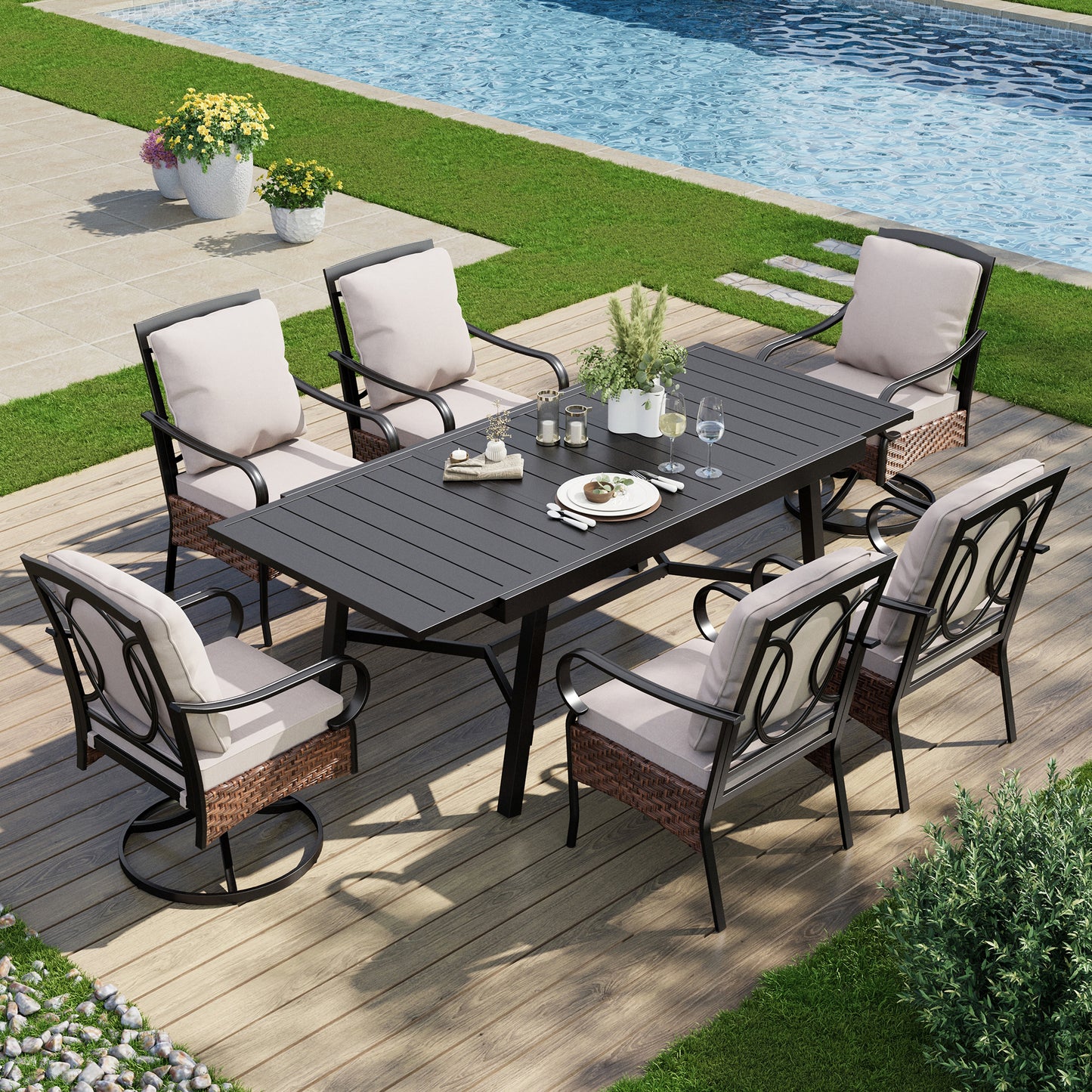 Captiva Designs 7pc Patio Dining Set with Slat-top Rectangle Table & Rattan Metal Fixed Chairs & Swivel Arm Chairs