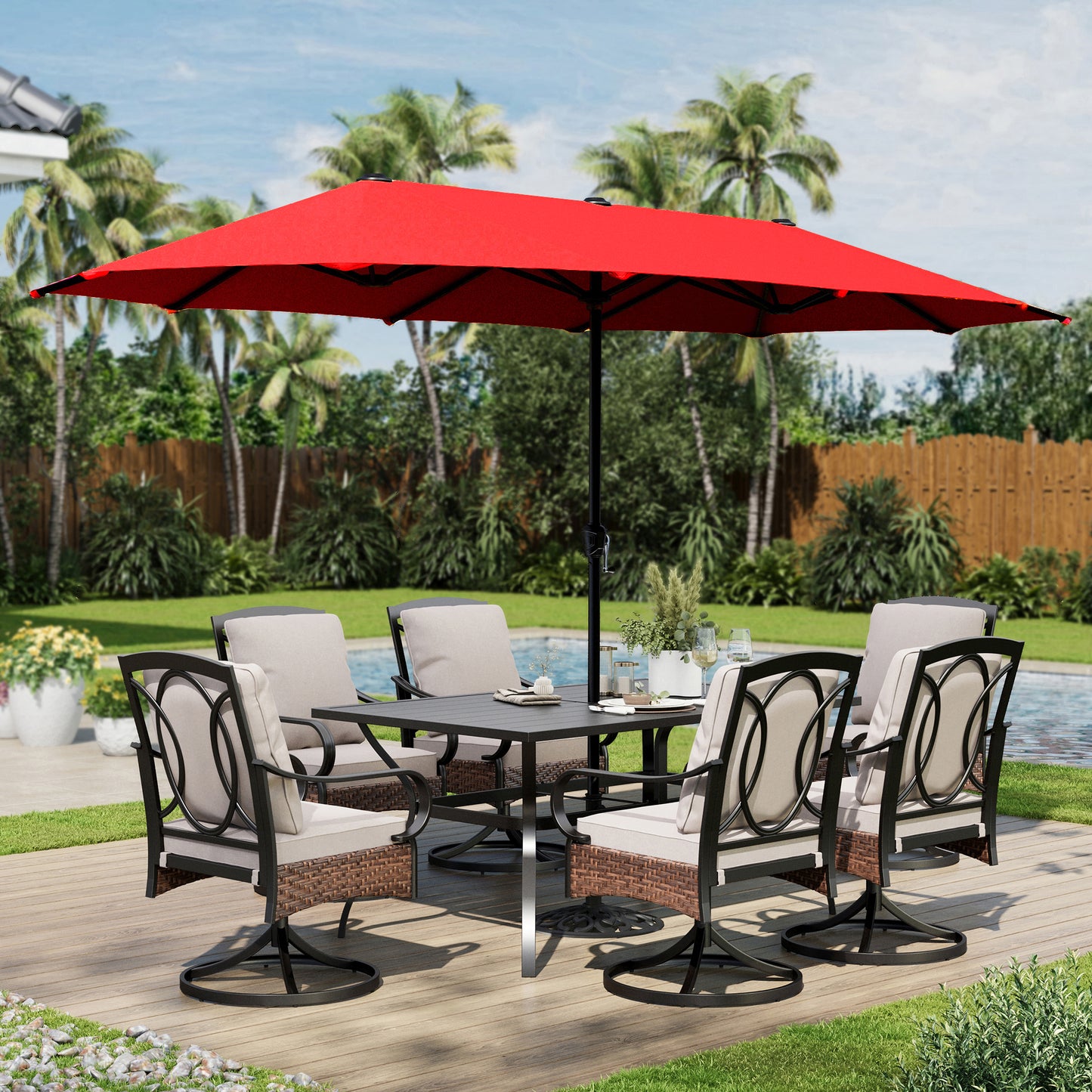 Captiva Designs 8pc Patio Rectangle Steel Dining Table & Rattan Chairs & Market Umbrella