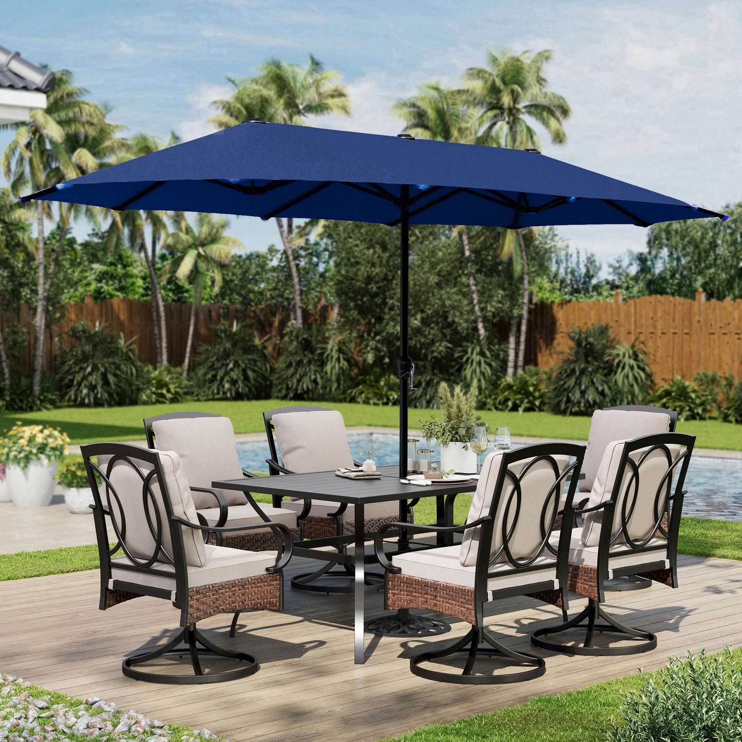 Captiva Designs 8pc Patio Rectangle Steel Dining Table & Rattan Chairs & Market Umbrella