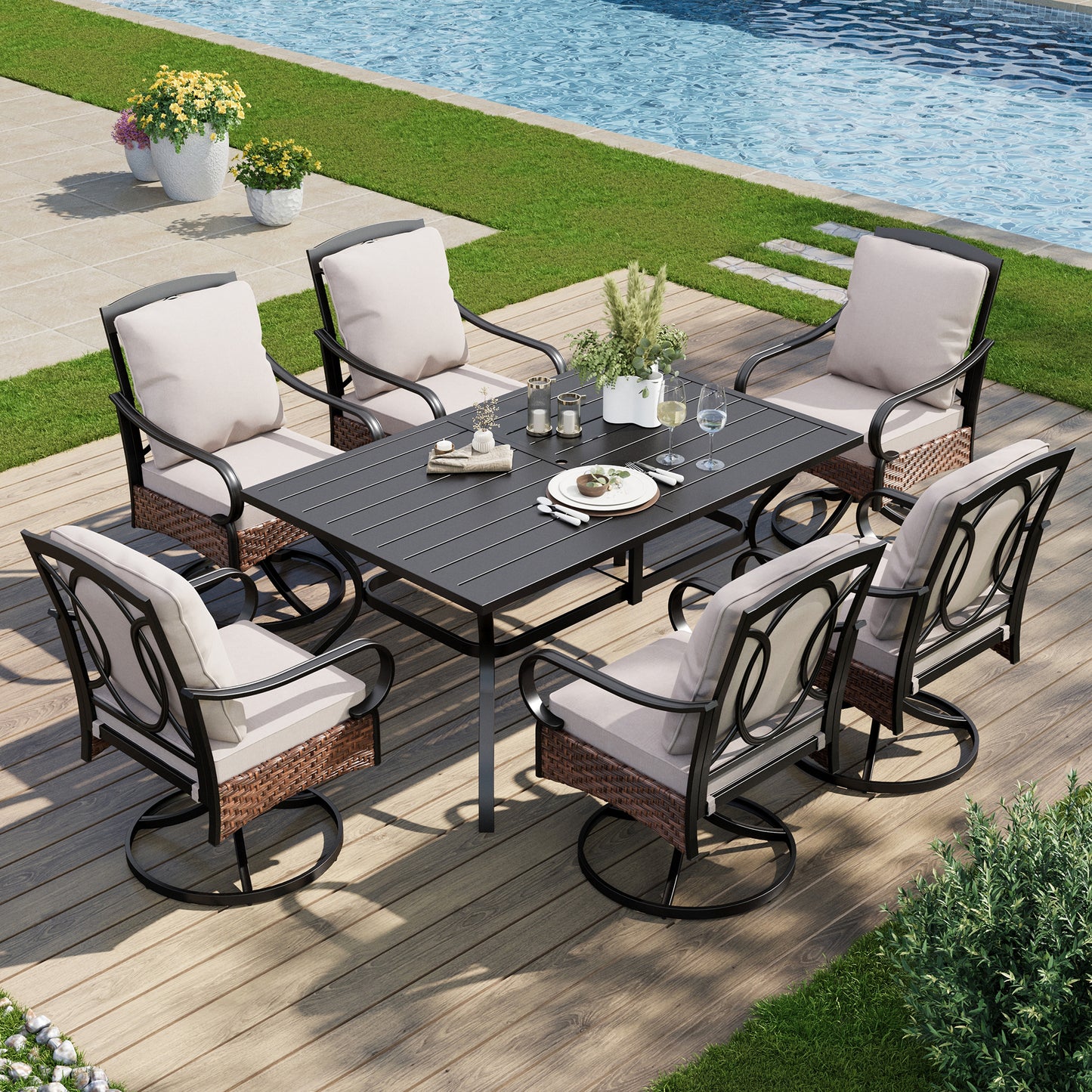 Captiva Designs 7pc Patio Dining Set with Slat-top Steel Table & Rattan Metal Chairs with Removable Cushions