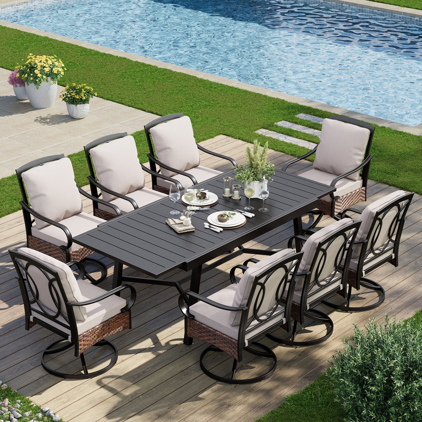 Captiva Designs 9pc Patio Dining Extendable Steel Rectangle Table & Rattan Metal Arm Chairs