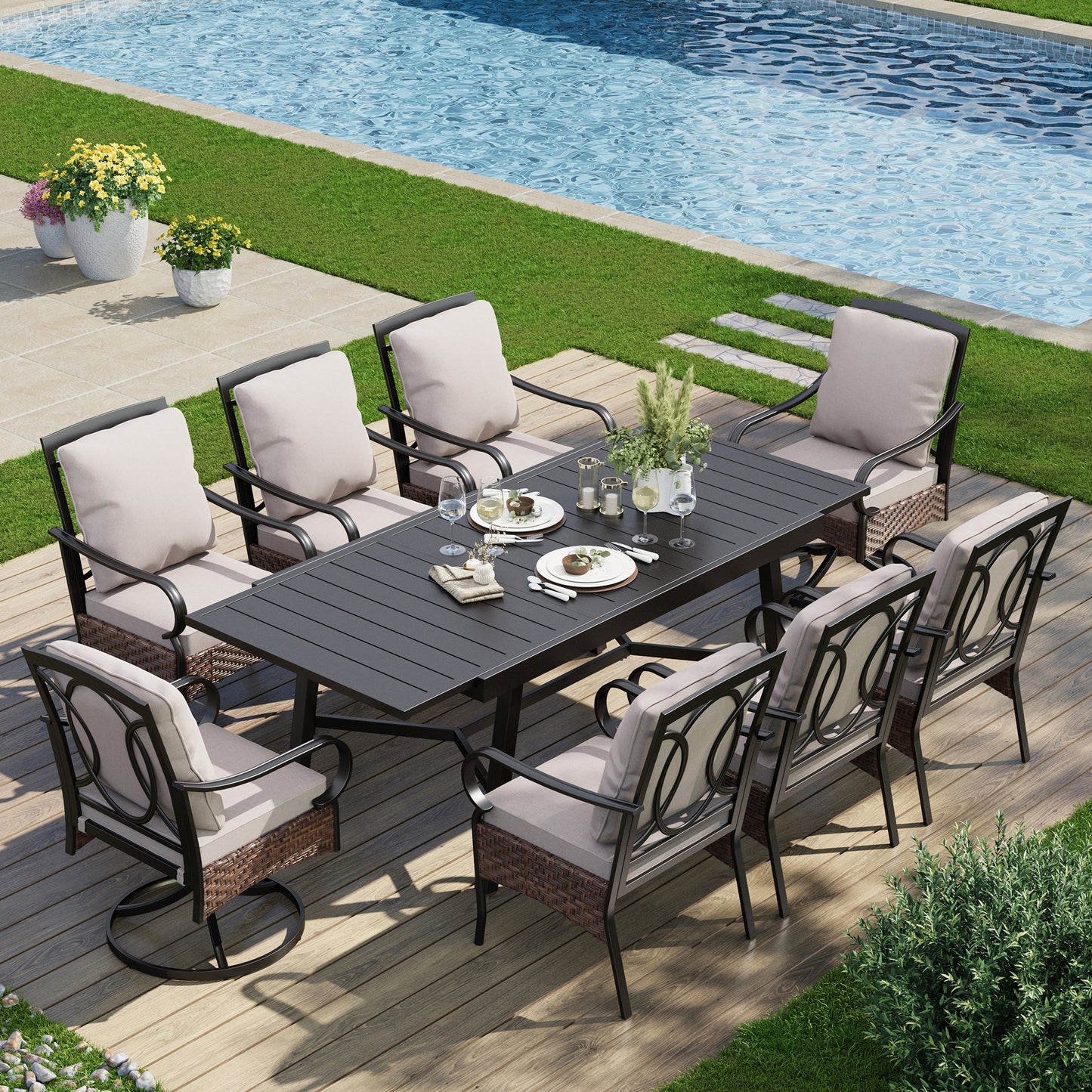 Captiva Designs 9pc Patio Dining Extendable Steel Rectangle Table & Rattan Metal Arm Chairs