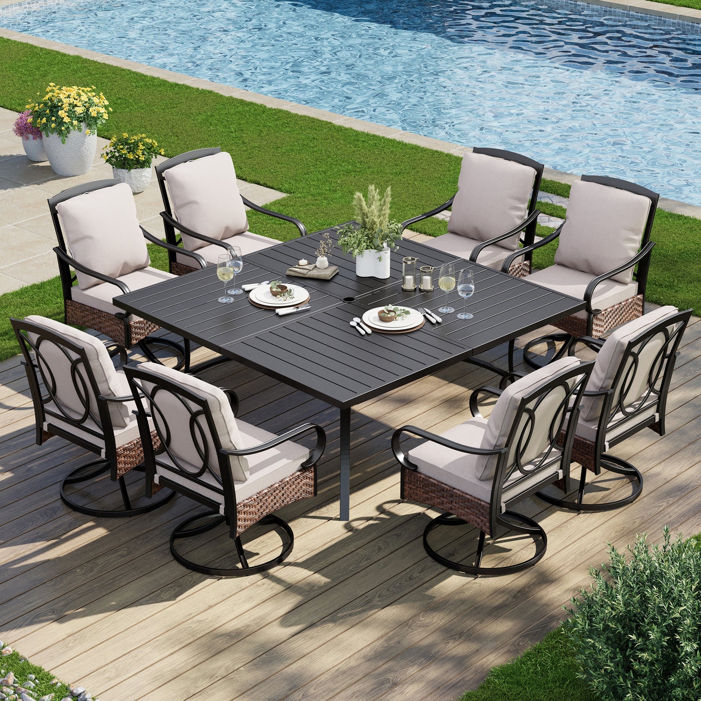 Captiva Designs 9pc Spacious Slat-top Square Metal Table & Rattan Metal Chairs with Thick Cushions