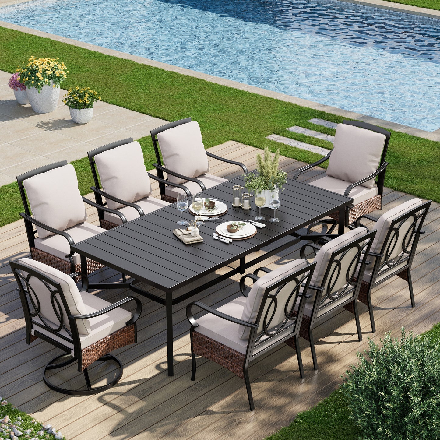 Captiva Designs 9pc Patio Dining Extendable Steel Rectangle Table & Rattan Metal Fixed Chairs & Swivel Arm Chairs