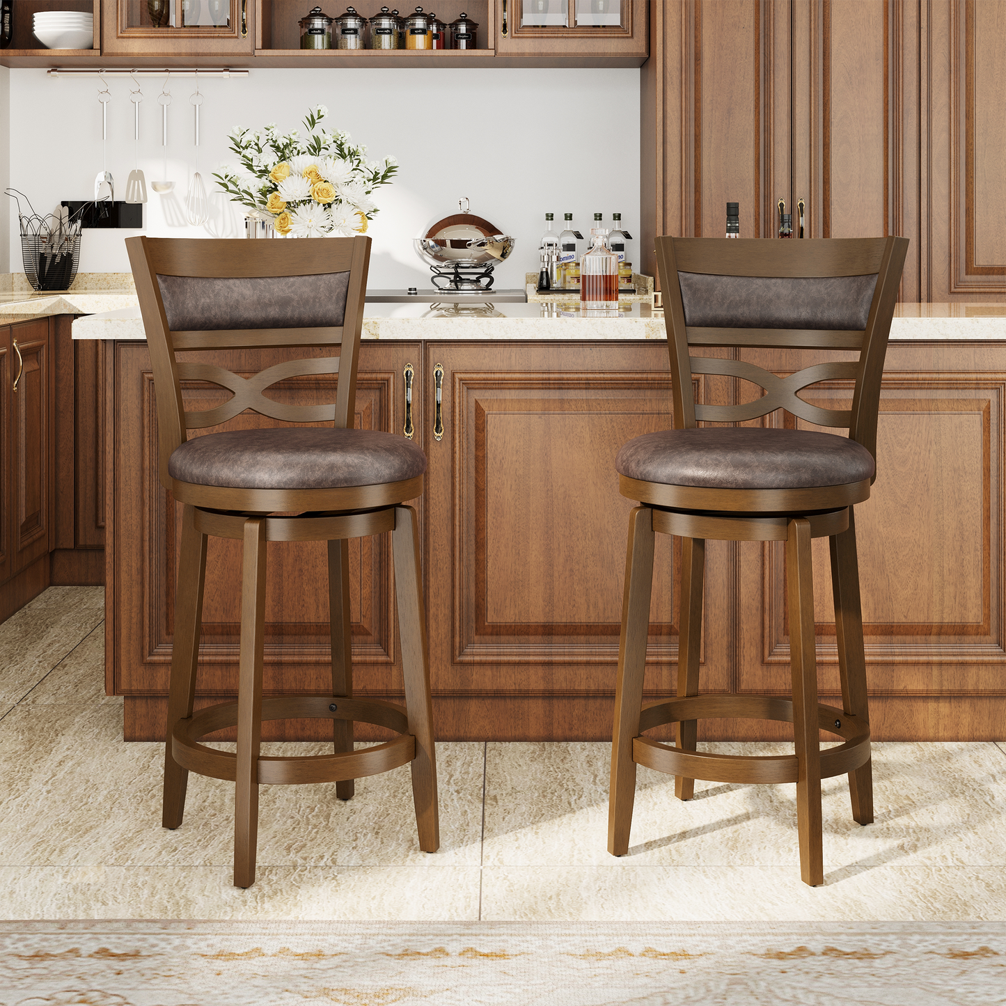 Captiva Designs Counter & Bar Height Swivel Bar Stools with Faux Leather Upholstered Seat & Rubberwood Frame & Wrap-Around Footrest