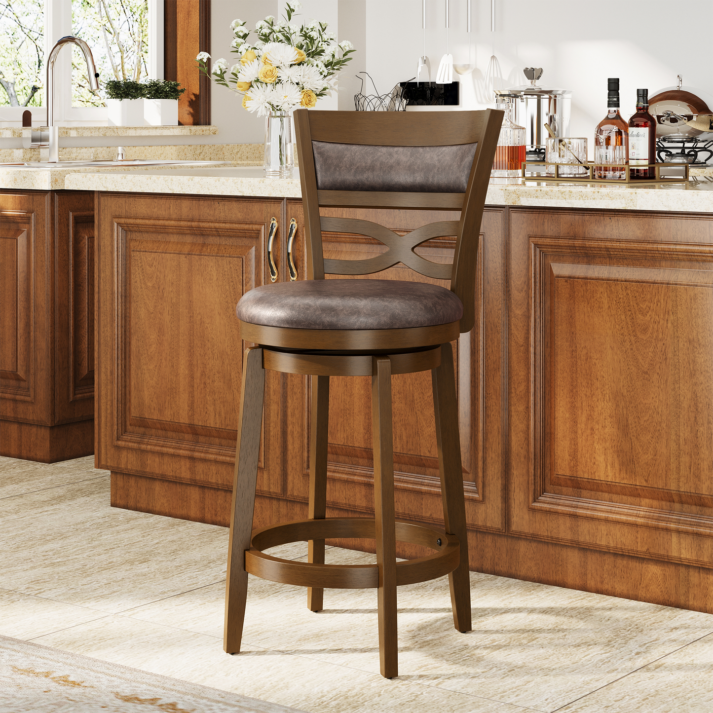 Captiva Designs Counter & Bar Height Swivel Bar Stools with Faux Leather Upholstered Seat & Rubberwood Frame & Wrap-Around Footrest