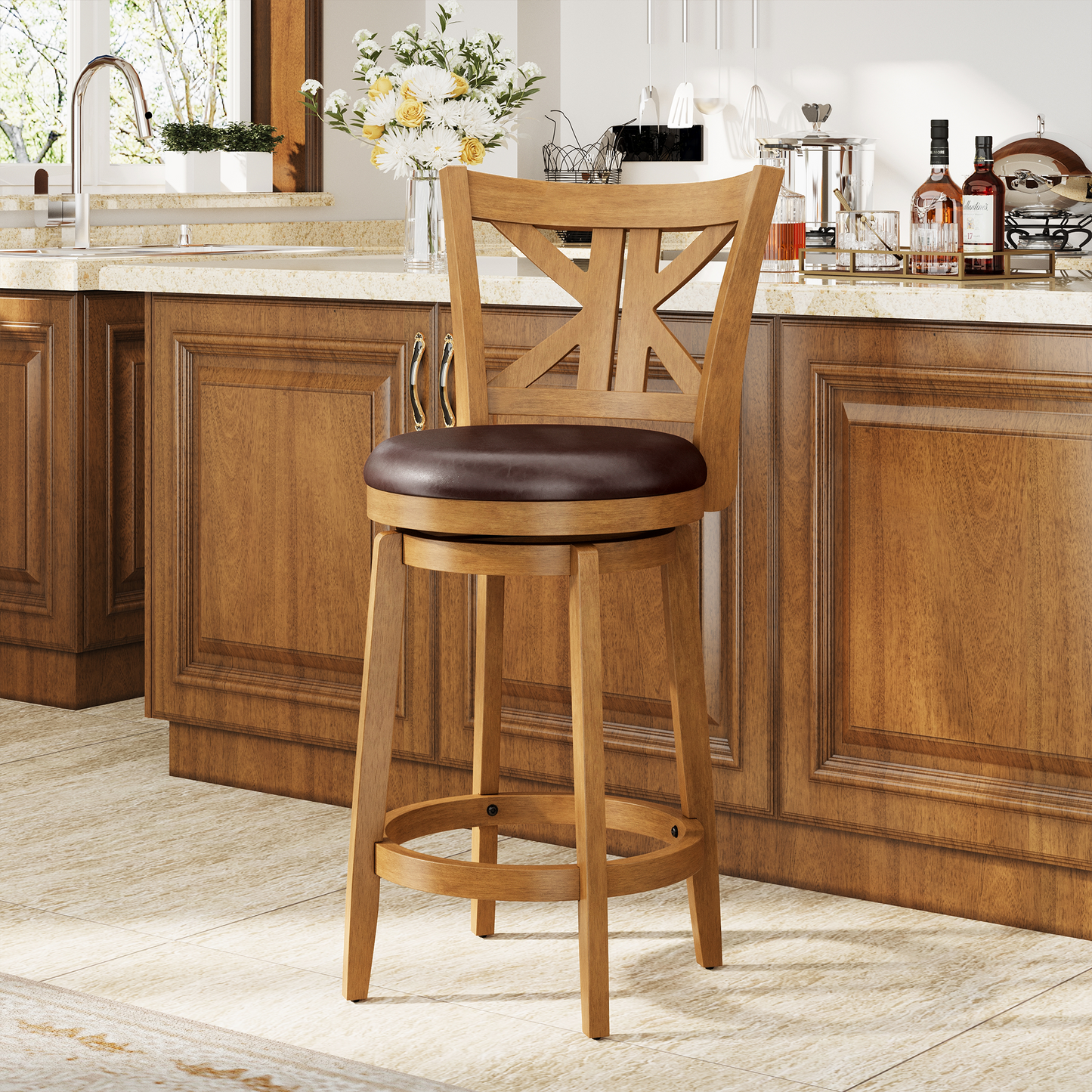 Captiva Designs Counter & Bar Height Swivel Bar Stools with Faux Leather Upholstered Seat & Rubberwood Frame & Wrap-Around Footrest