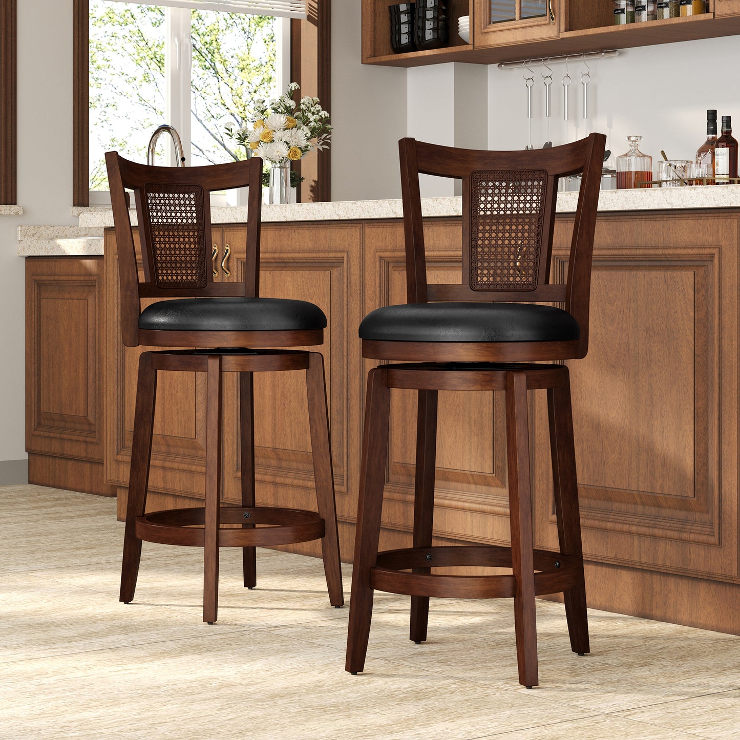 Captiva Designs Counter & Bar Height Swivel Bar Stools with Faux Leather Upholstered Seat & Rubberwood Frame & Wrap-Around Footrest