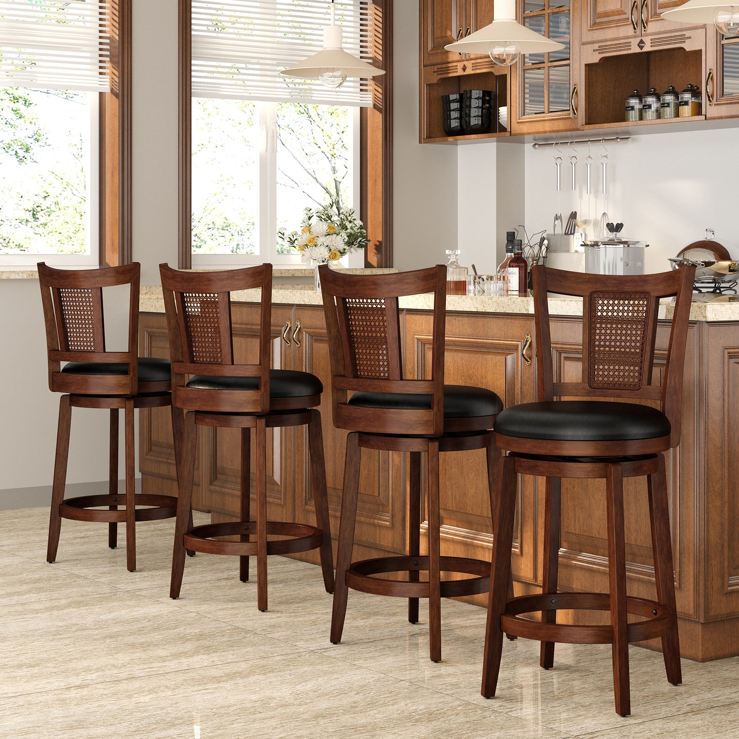 Captiva Designs Counter & Bar Height Swivel Bar Stools with Faux Leather Upholstered Seat & Rubberwood Frame & Wrap-Around Footrest