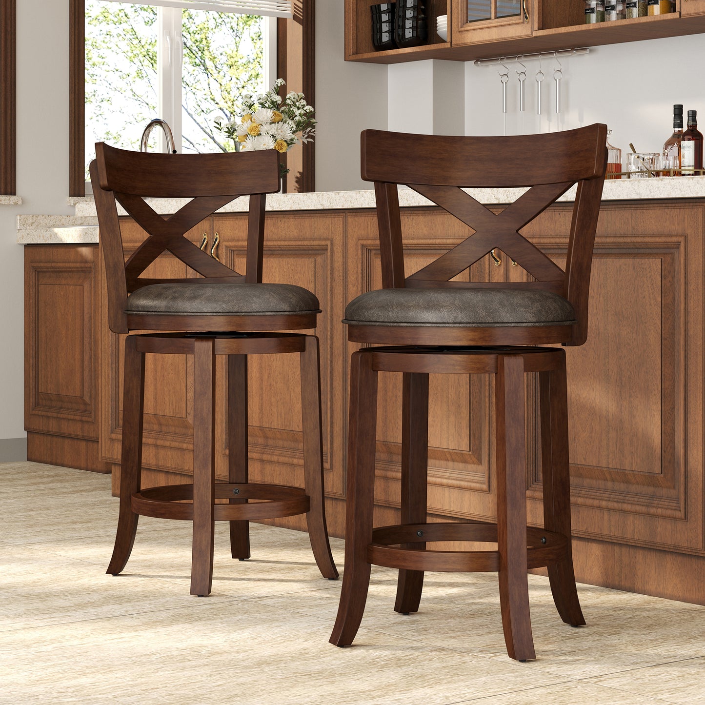 Captiva Designs Counter & Bar Height Swivel Bar Stools with Faux Leather Upholstered Seat & Rubberwood Frame & Wrap-Around Footrest