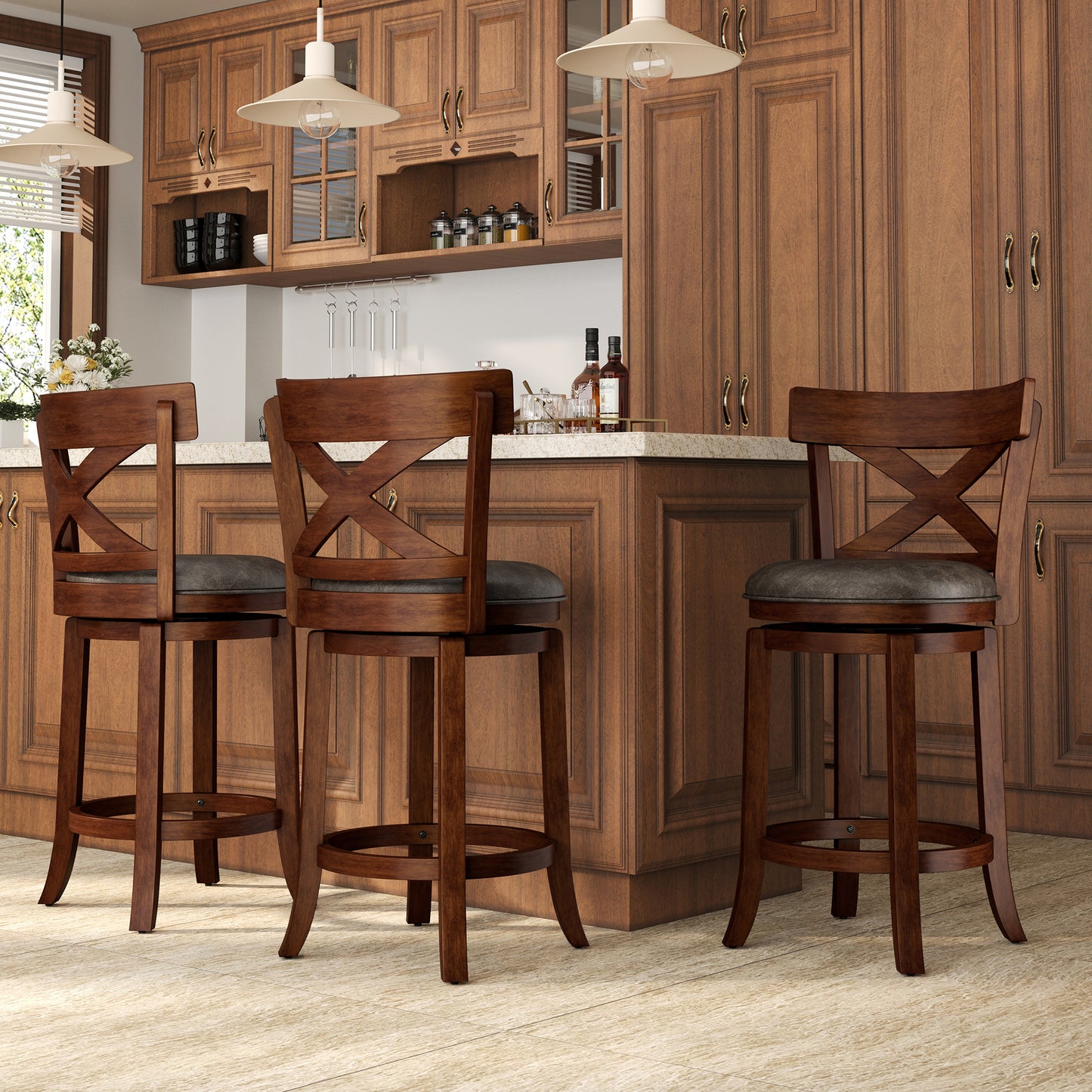 Captiva Designs Counter & Bar Height Swivel Bar Stools with Faux Leather Upholstered Seat & Rubberwood Frame & Wrap-Around Footrest