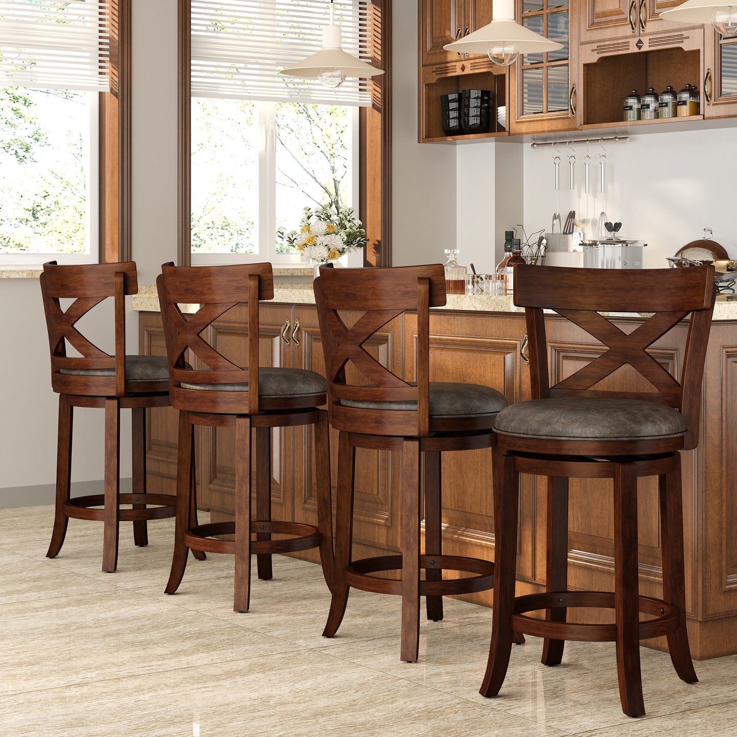 Captiva Designs Counter & Bar Height Swivel Bar Stools with Faux Leather Upholstered Seat & Rubberwood Frame & Wrap-Around Footrest
