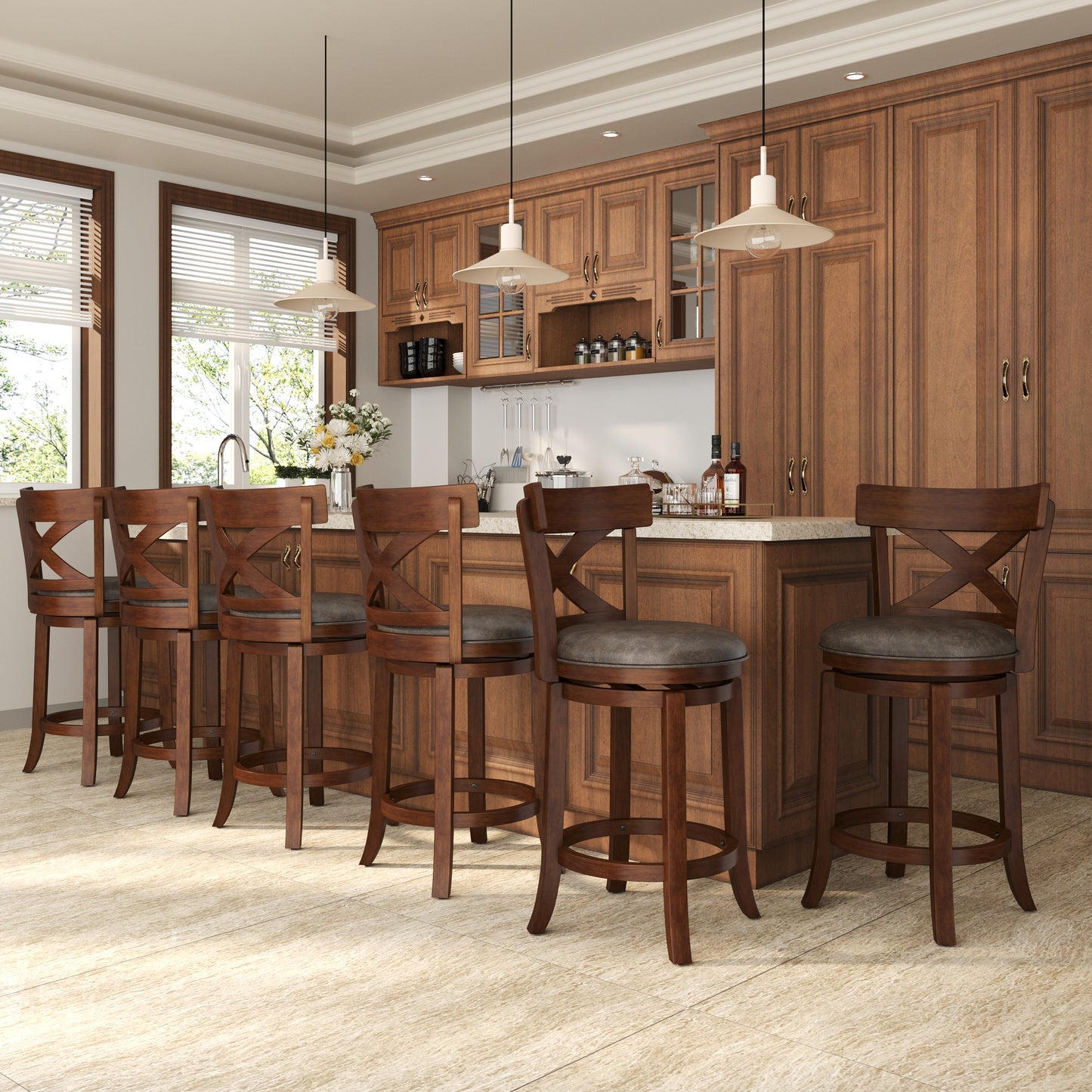 Captiva Designs Counter & Bar Height Swivel Bar Stools with Faux Leather Upholstered Seat & Rubberwood Frame & Wrap-Around Footrest