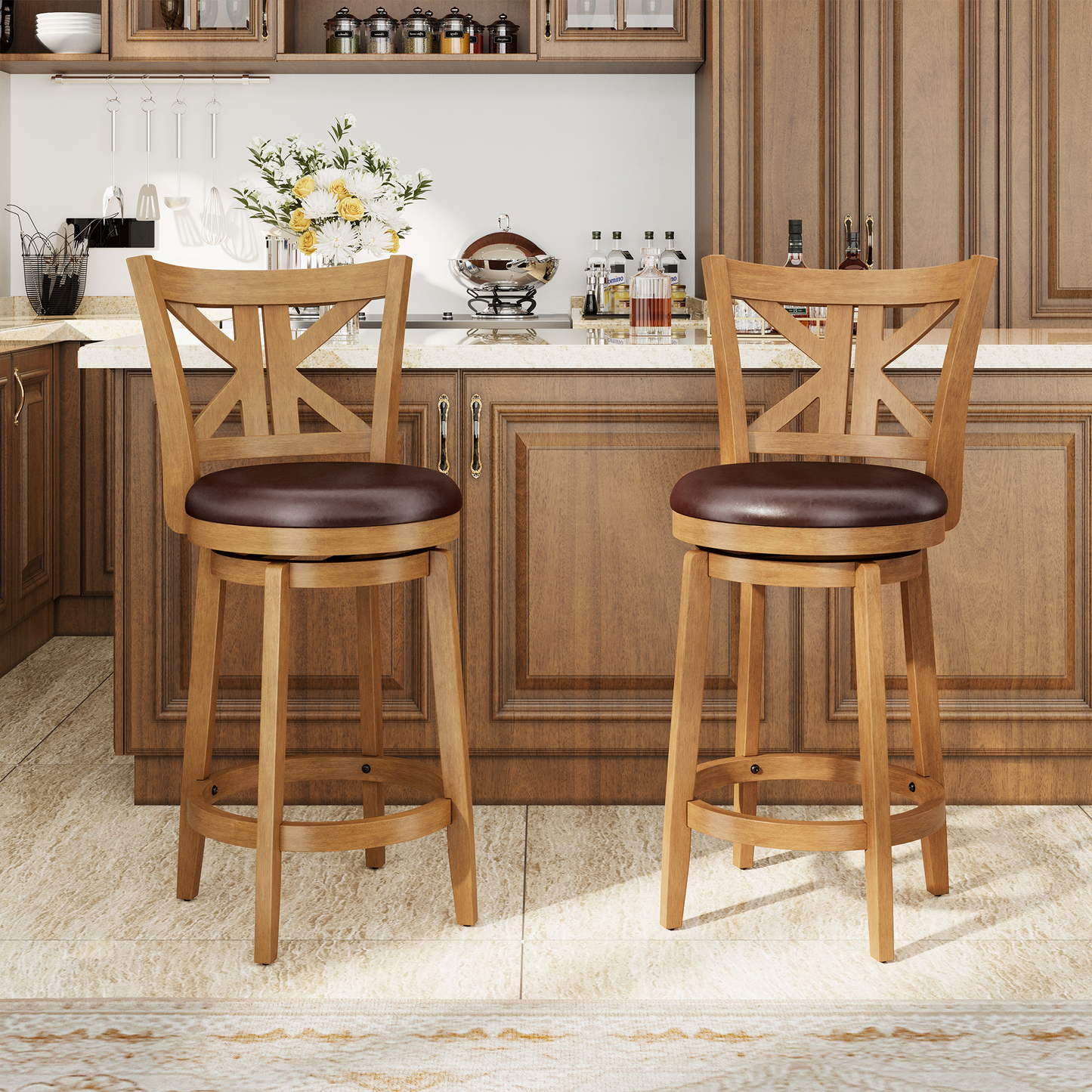 Captiva Designs Counter & Bar Height Swivel Bar Stools with Faux Leather Upholstered Seat & Rubberwood Frame & Wrap-Around Footrest