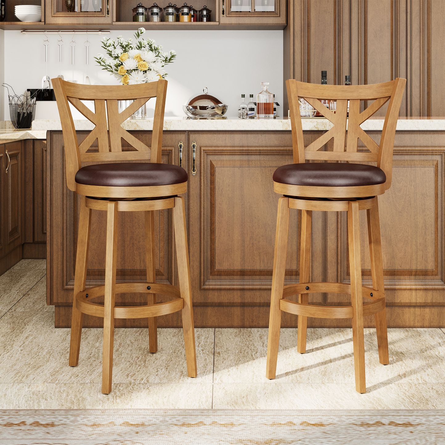 Captiva Designs Counter & Bar Height Swivel Bar Stools with Faux Leather Upholstered Seat & Rubberwood Frame & Wrap-Around Footrest
