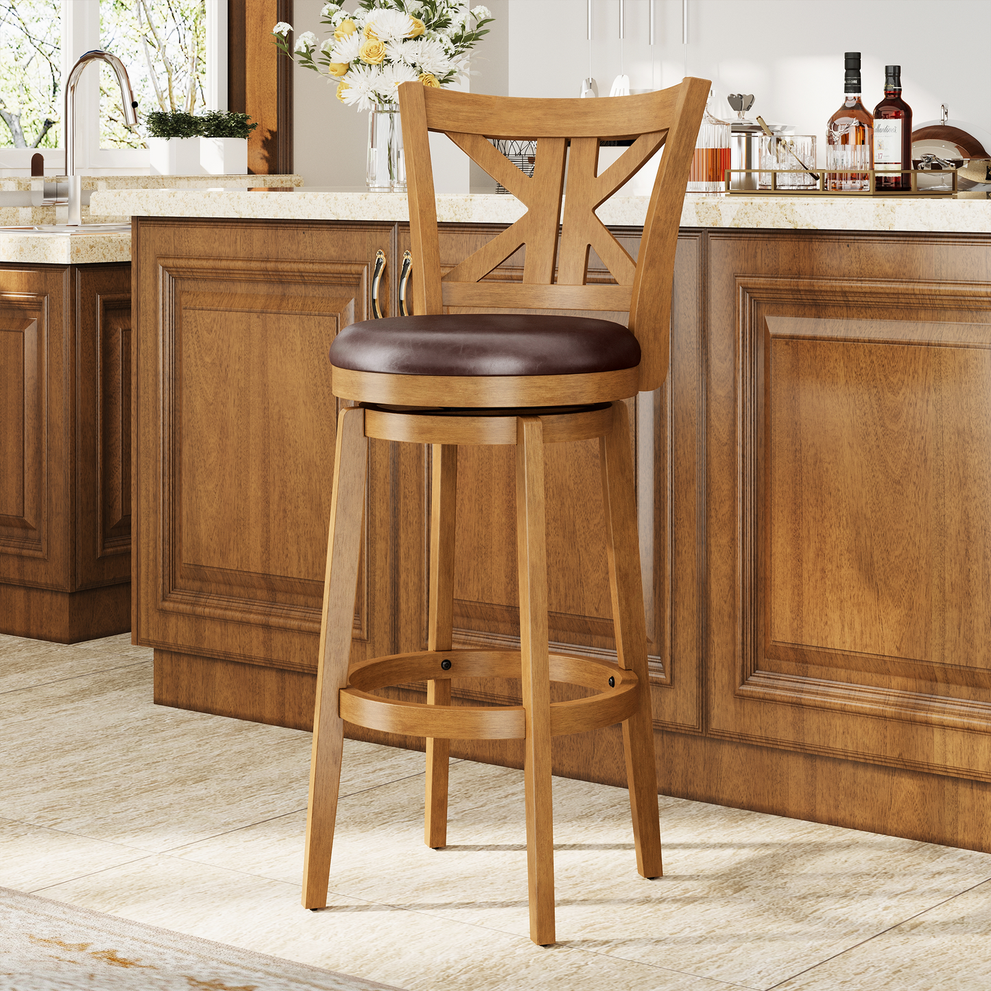 Captiva Designs Counter & Bar Height Swivel Bar Stools with Faux Leather Upholstered Seat & Rubberwood Frame & Wrap-Around Footrest