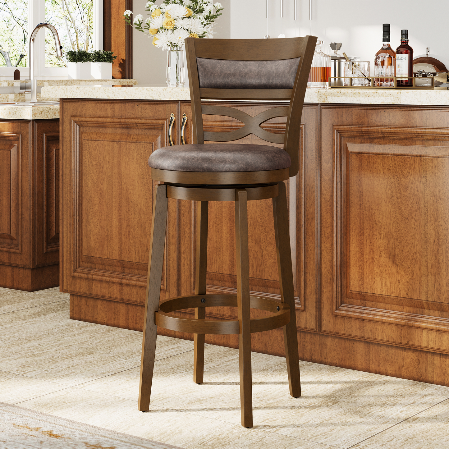 Captiva Designs Counter & Bar Height Swivel Bar Stools with Faux Leather Upholstered Seat & Rubberwood Frame & Wrap-Around Footrest