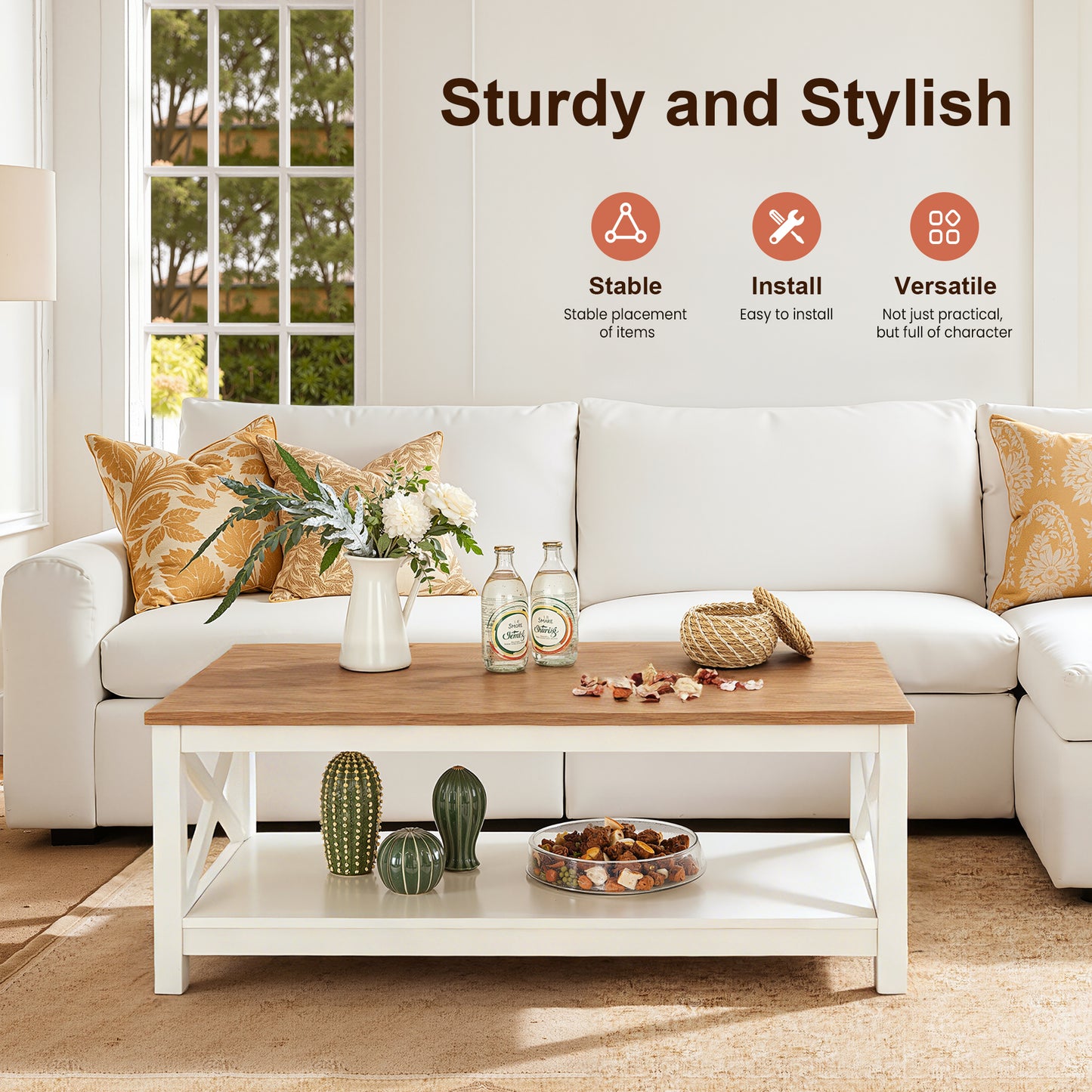 Captiva Designs Farmhouse Coffee Table with Storage Shelf for Living Room, 2-Tier Wooden Center Table with X-Shape Design, Ivory