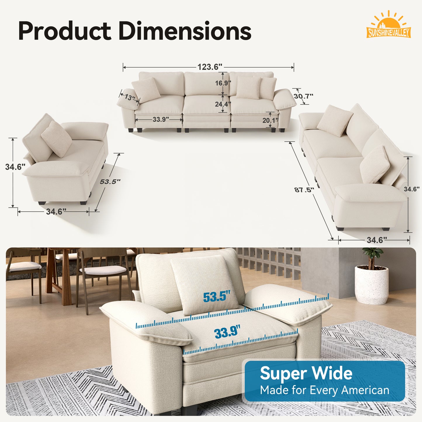 SUNSHINE VALLEY 3-Piece Modular Sectional Couch Set with Armchair Loveseat, Modern 6-Seater Cloud Sofa Set, White, Wider Armrest, Comfy Deep Seat, Soft Chenille Furniture Set for Living Room Bedroom