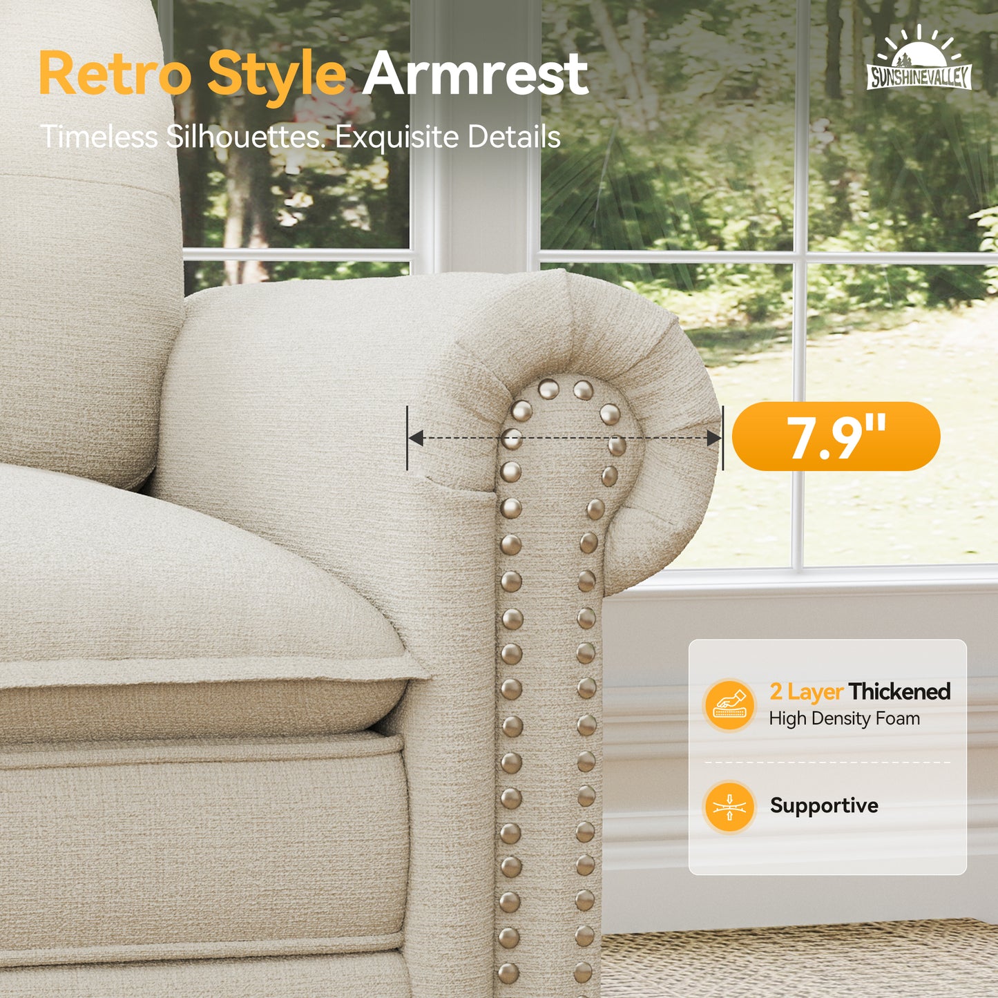 SUNSHINE VALLEY 116" Oversized Modular Sectional Couch U-Shaped Living Room Mid-Century Modern 5-Seater Cloud Sofa, White, Rolled Arms & Nailhead Trim, Wider & Deeper Seats, Ottoman, Chenille