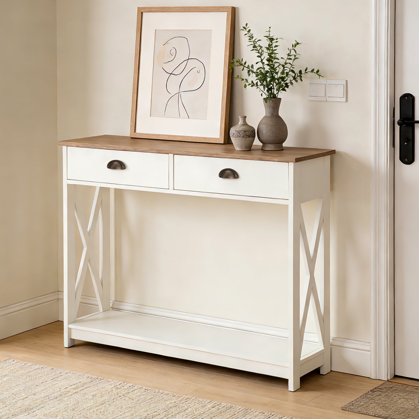 Captiva Designs Farmhouse Console Table with Shelf or Drawers, Narrow 2-Tier Entryway or Hallway Table, Ivory Finish