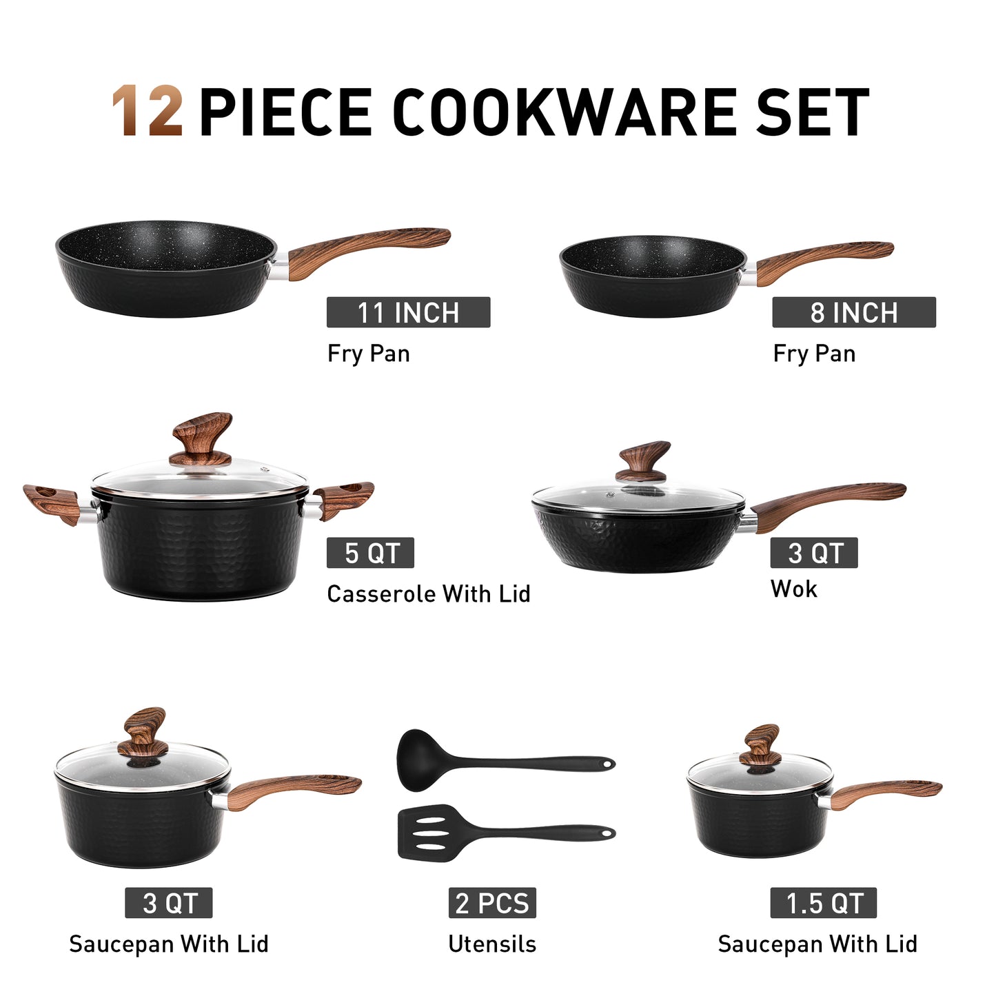 Captiva Designs Nonstick Granite Cookware Set with Heat-Resistant Bakelite Handle