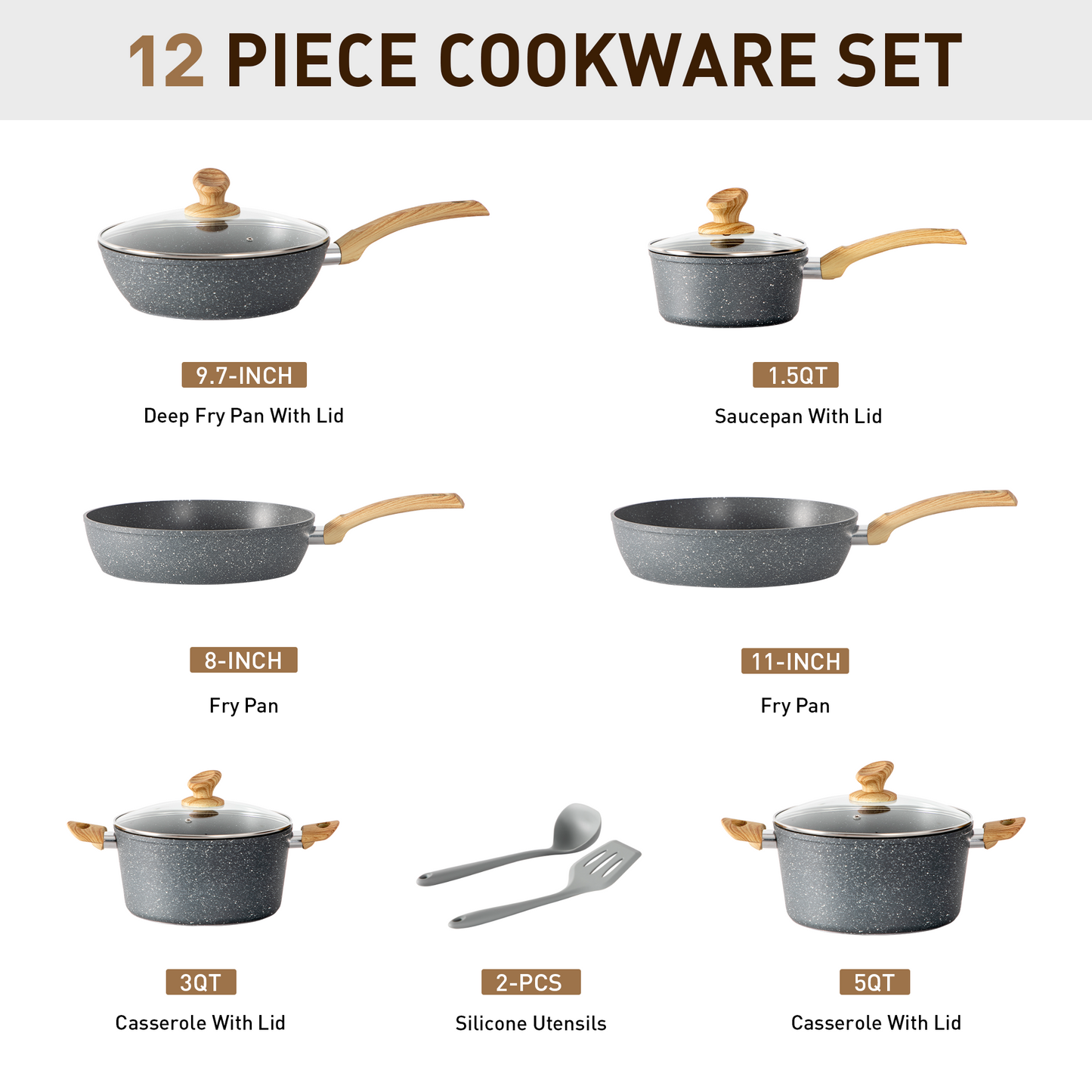 Captiva Designs 12 Pieces Nonstick Granite Cookware Set with Heat-Resistant Bakelite Handle