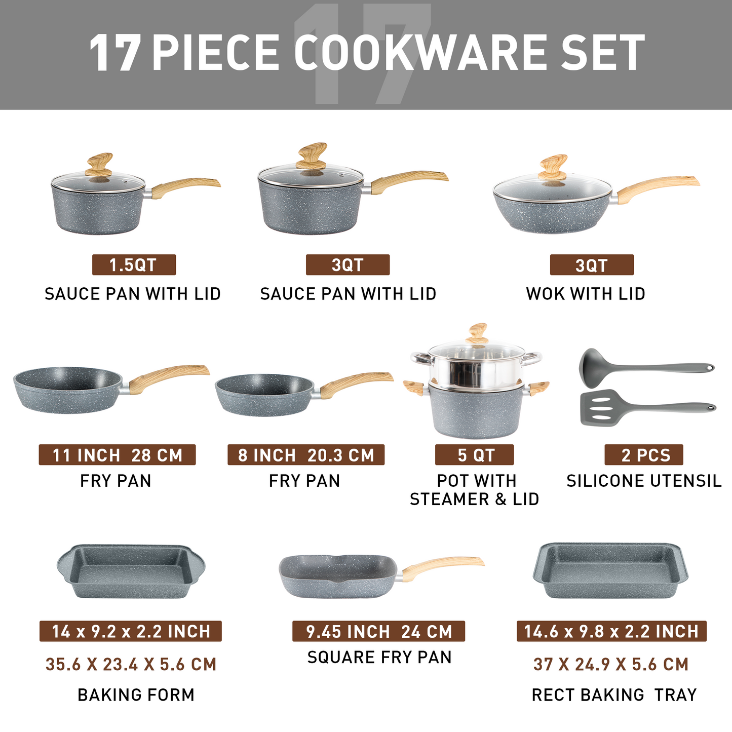 Captiva Designs Nonstick Granite Cookware and Bakeware Set with Heat-Resistant Bakelite Handle