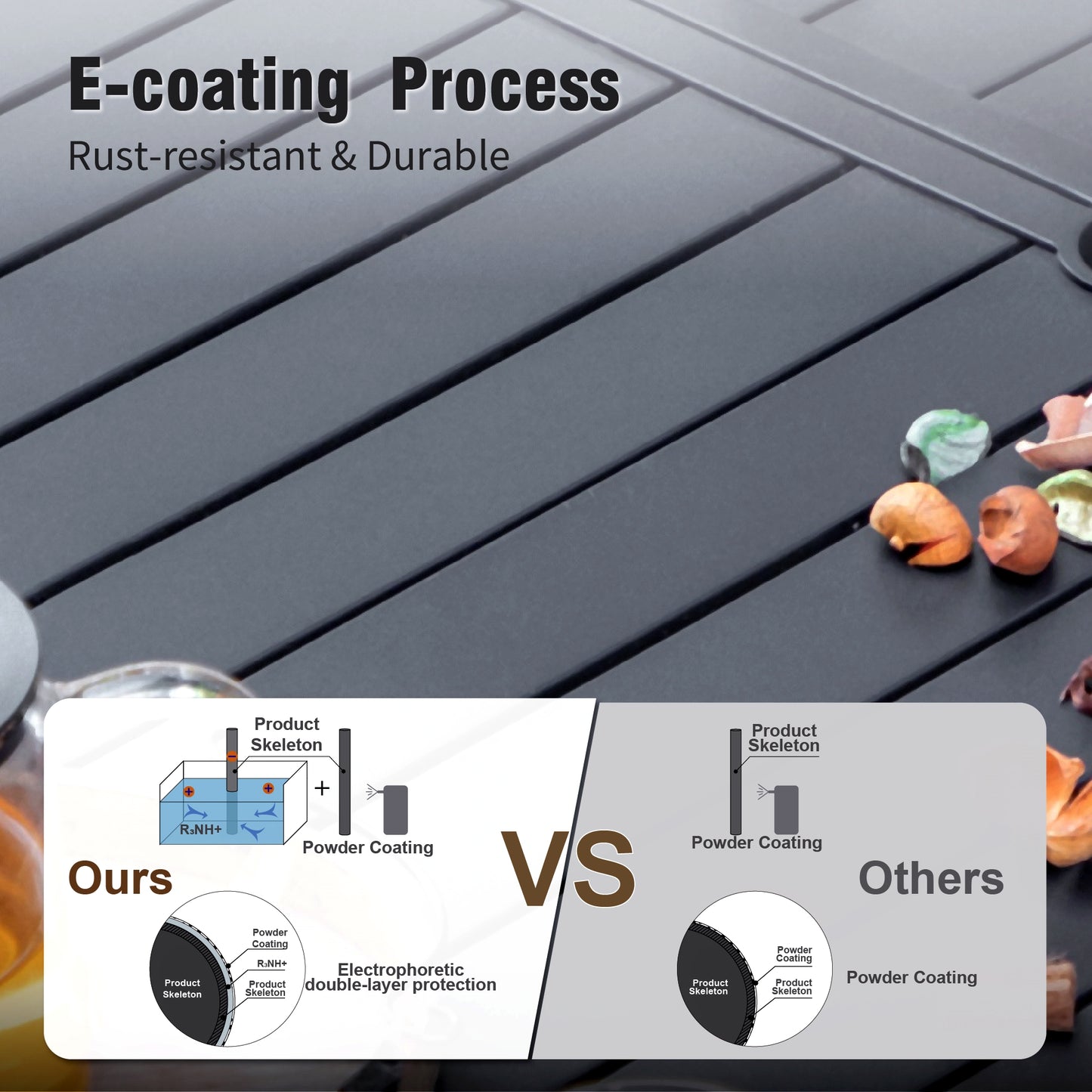 Captiva Designs 7pc Patio Slatted Top Steel Dining Table with Umbrella Hole & Stylish Back Metal Chairs