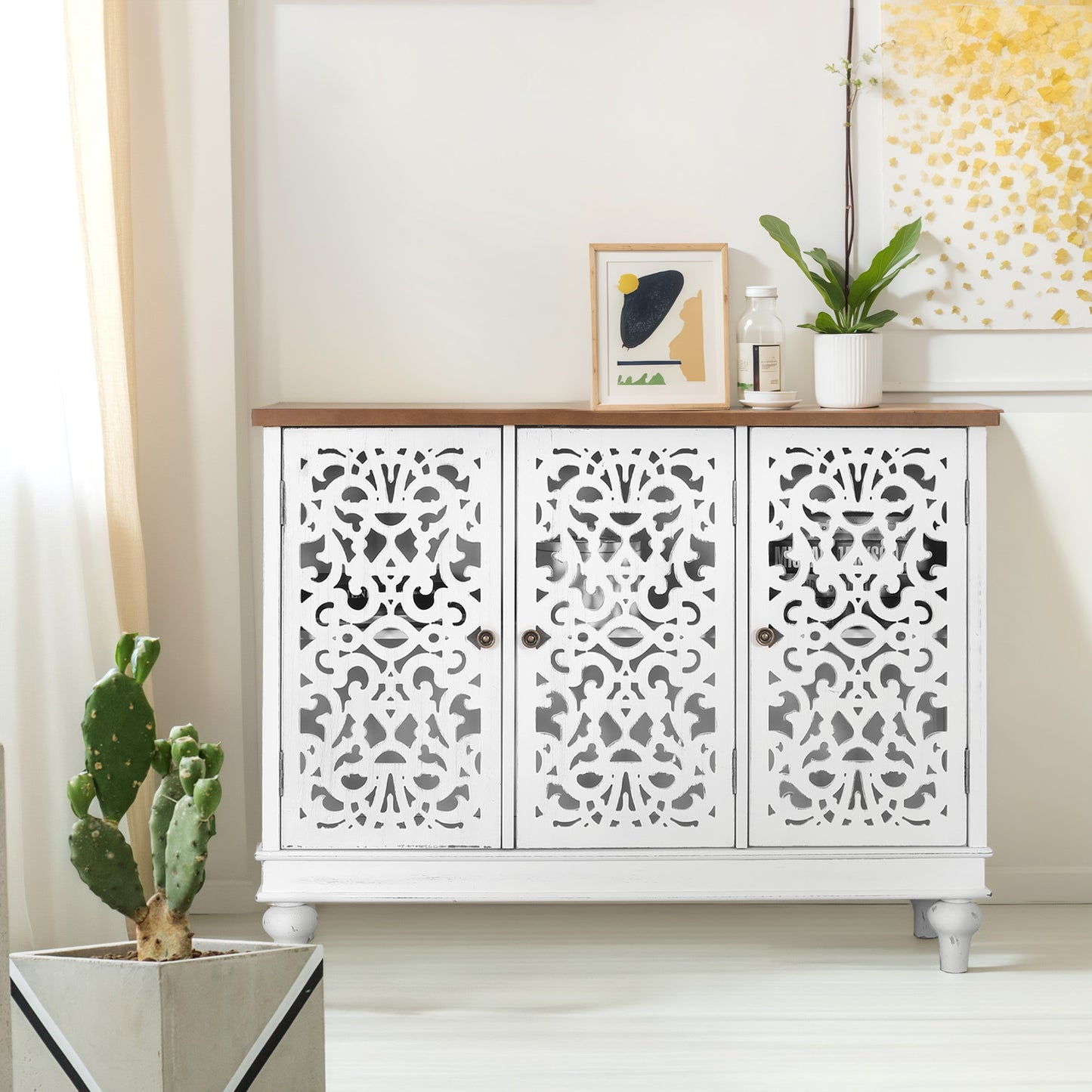 Captiva Designs Distressed Hollow-carved Accent Storage Sideboard Buffet Cabinet with Solid Wood Legs for Living Room Entryway Foyer
