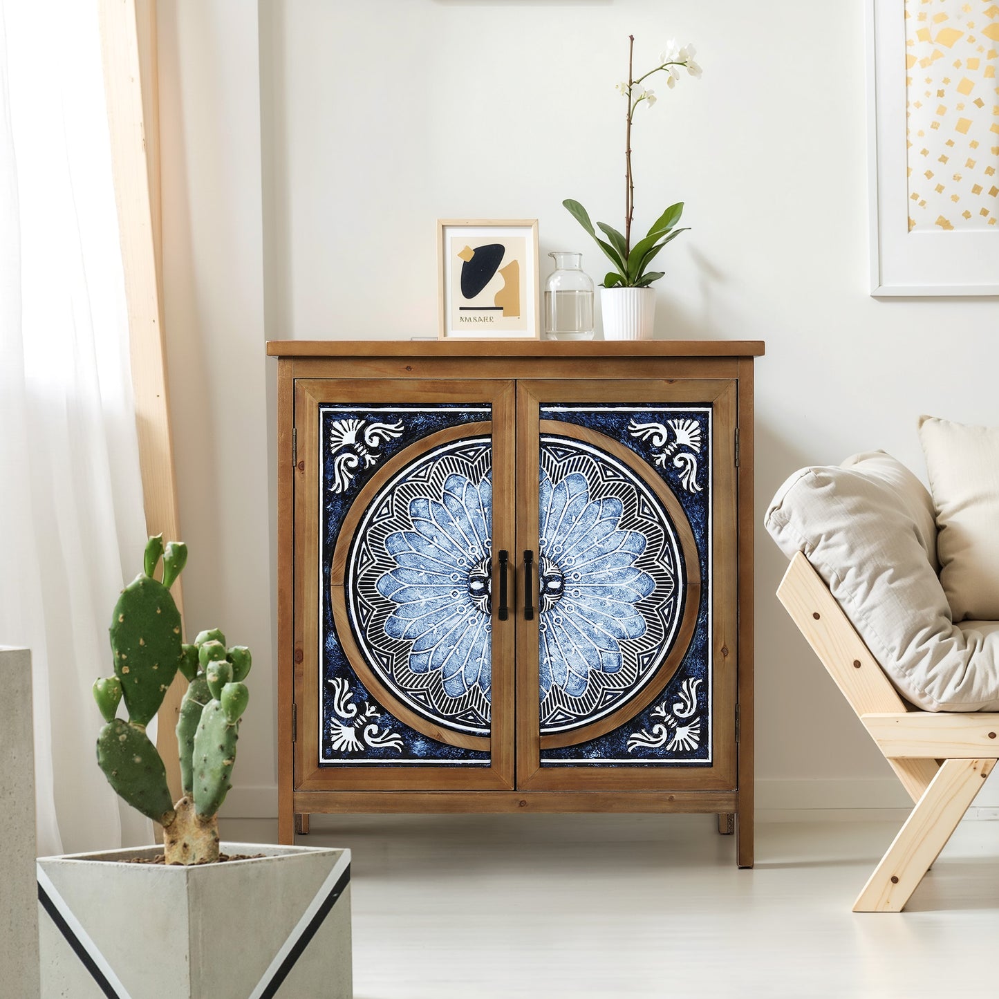 Captiva Designs 2-Door Accent Distressed Storage Cabinet with Blue and White Porcelain Pattern for Entryway Living Room