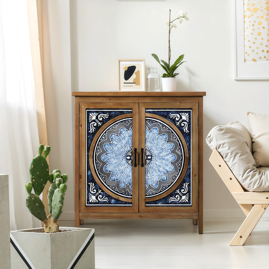 Captiva Designs 2-Door Accent Distressed Storage Cabinet with Blue and White Porcelain Pattern for Entryway Living Room