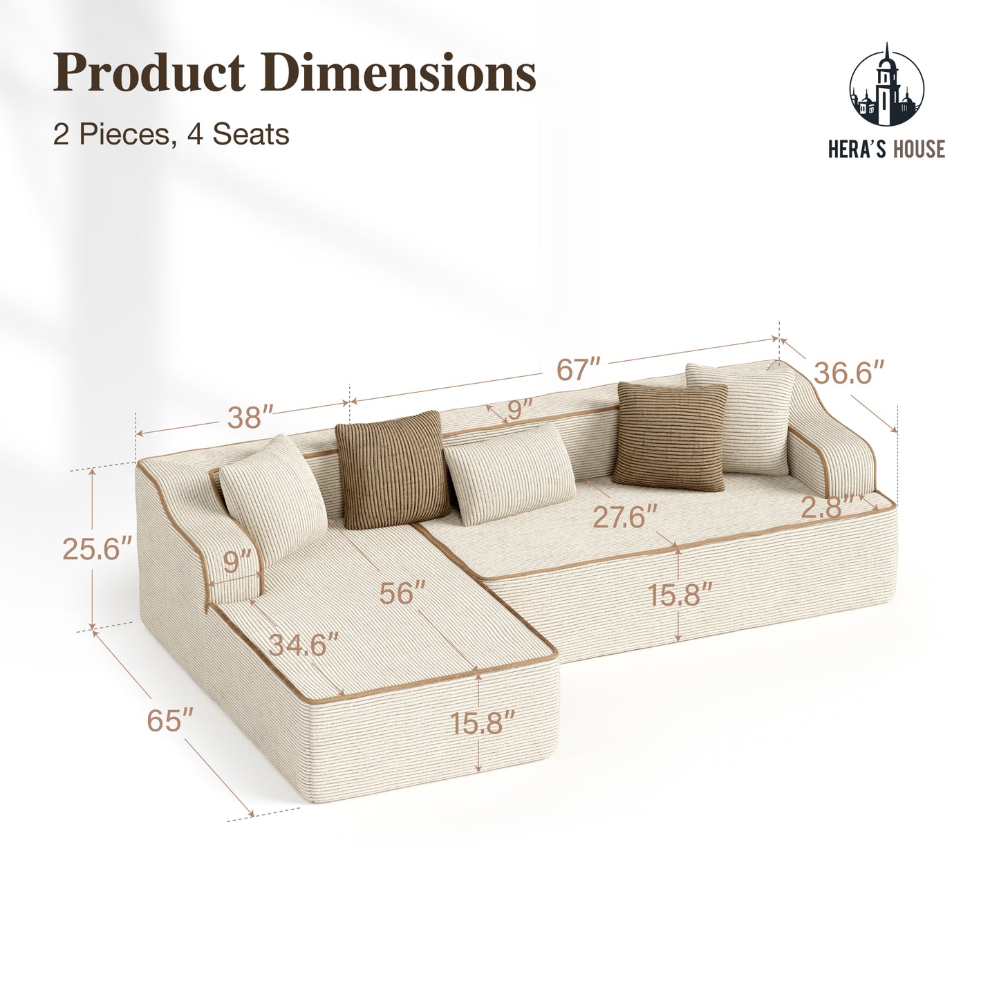 HERA'S HOUSE 105" L Shaped Sectional with Chaise, Living Room Cloud Couch, Corduroy Modular Sofa with Wide Armrest and 5 Pillows, No Assembly, Beige