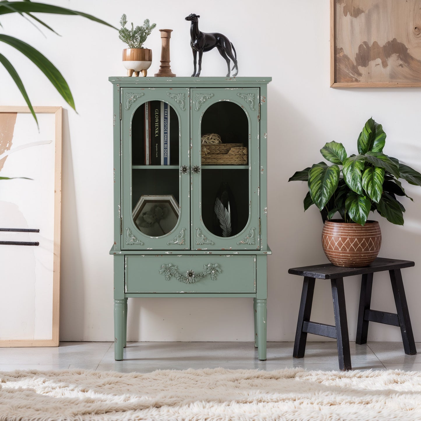 Captiva Designs Antique Mint Green Accent Sideboards Buffets Cabinet with 2 Glass Doors and 1 Drawer for Kitchen Dining Room