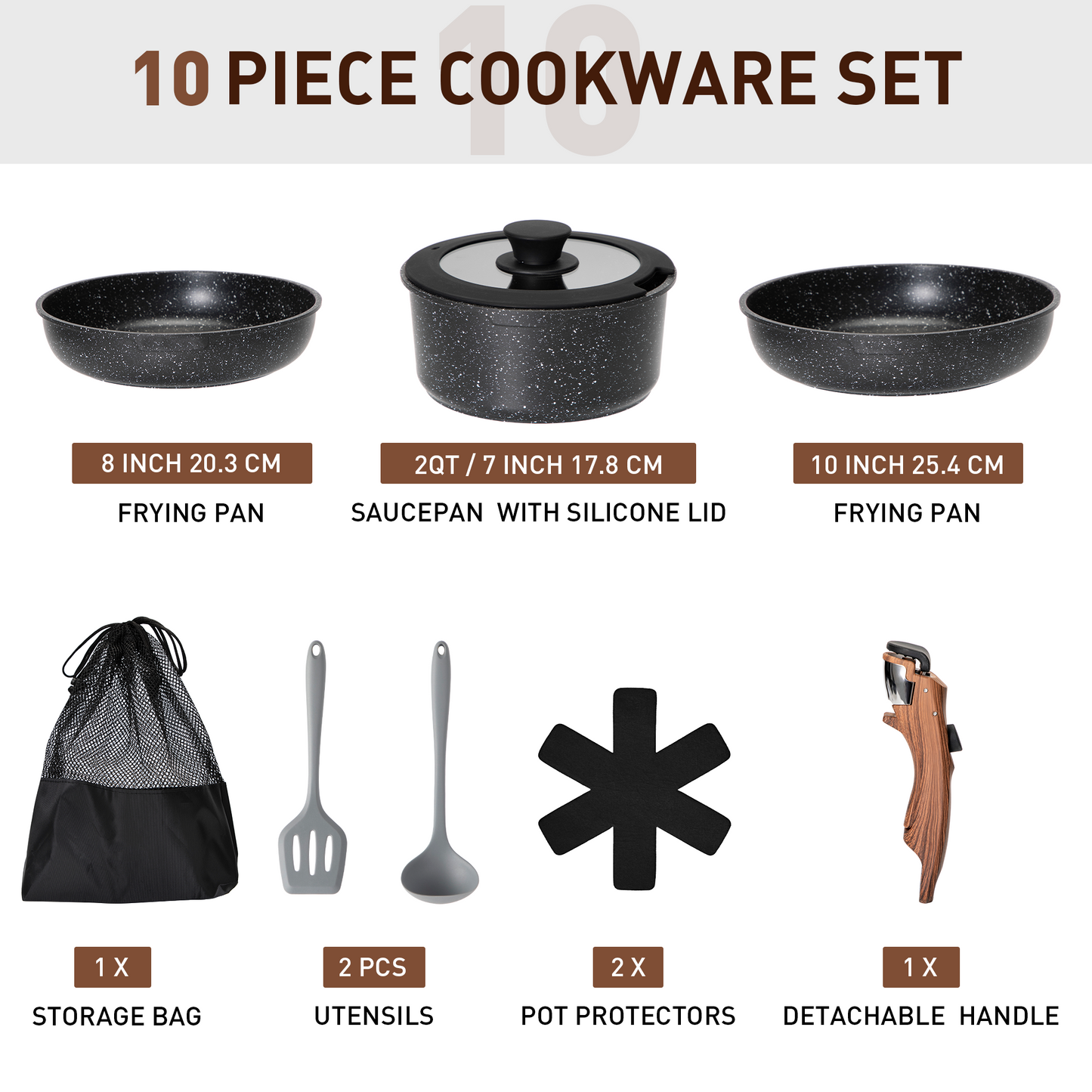 Captiva Designs 10 Pieces Nonstick Granite Cookware Set with Detachable Heat-Insulation Bakelite Handle